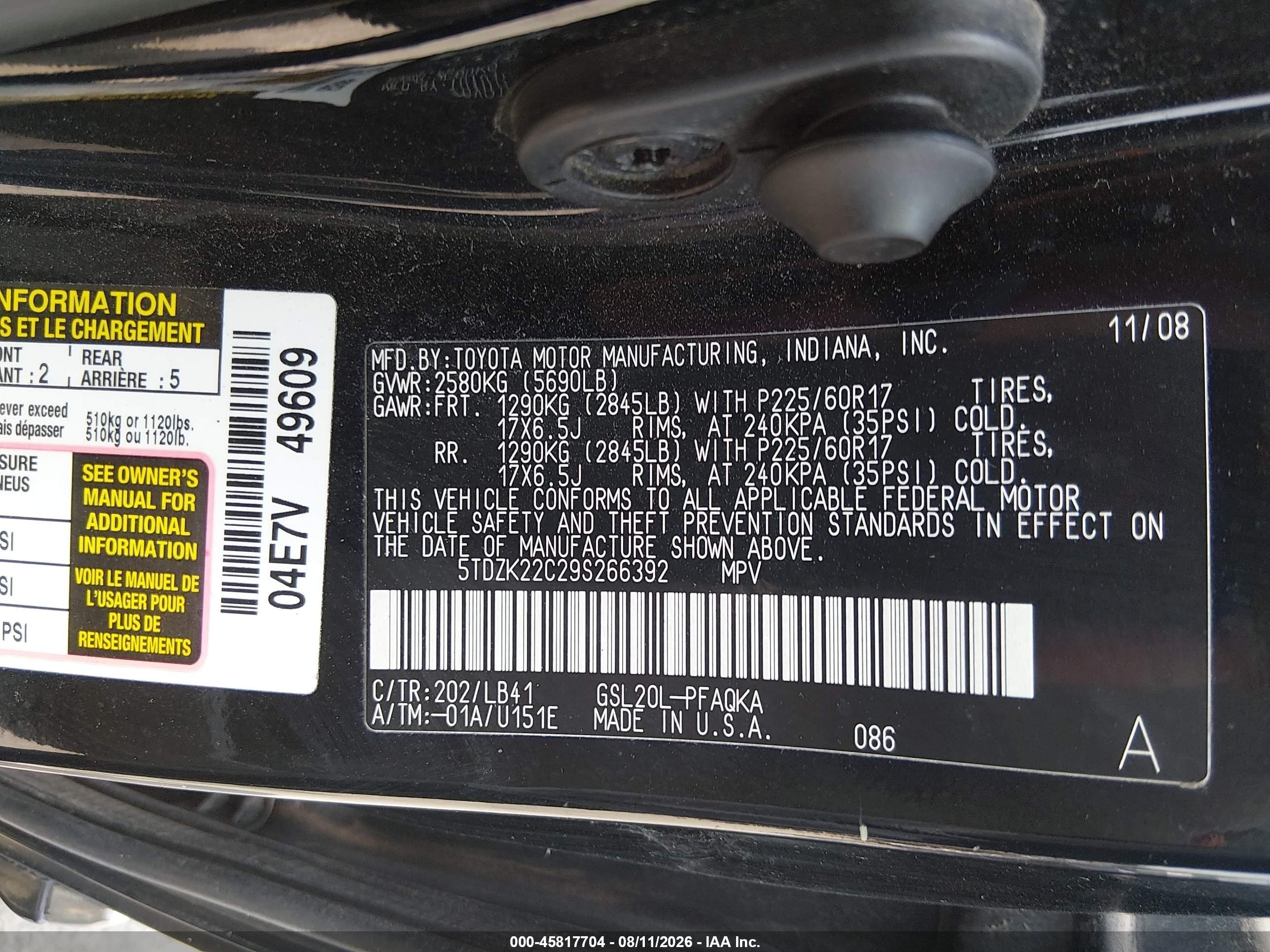 2009 Toyota Sienna Limited Черный vin: 5TDZK22C29S266392