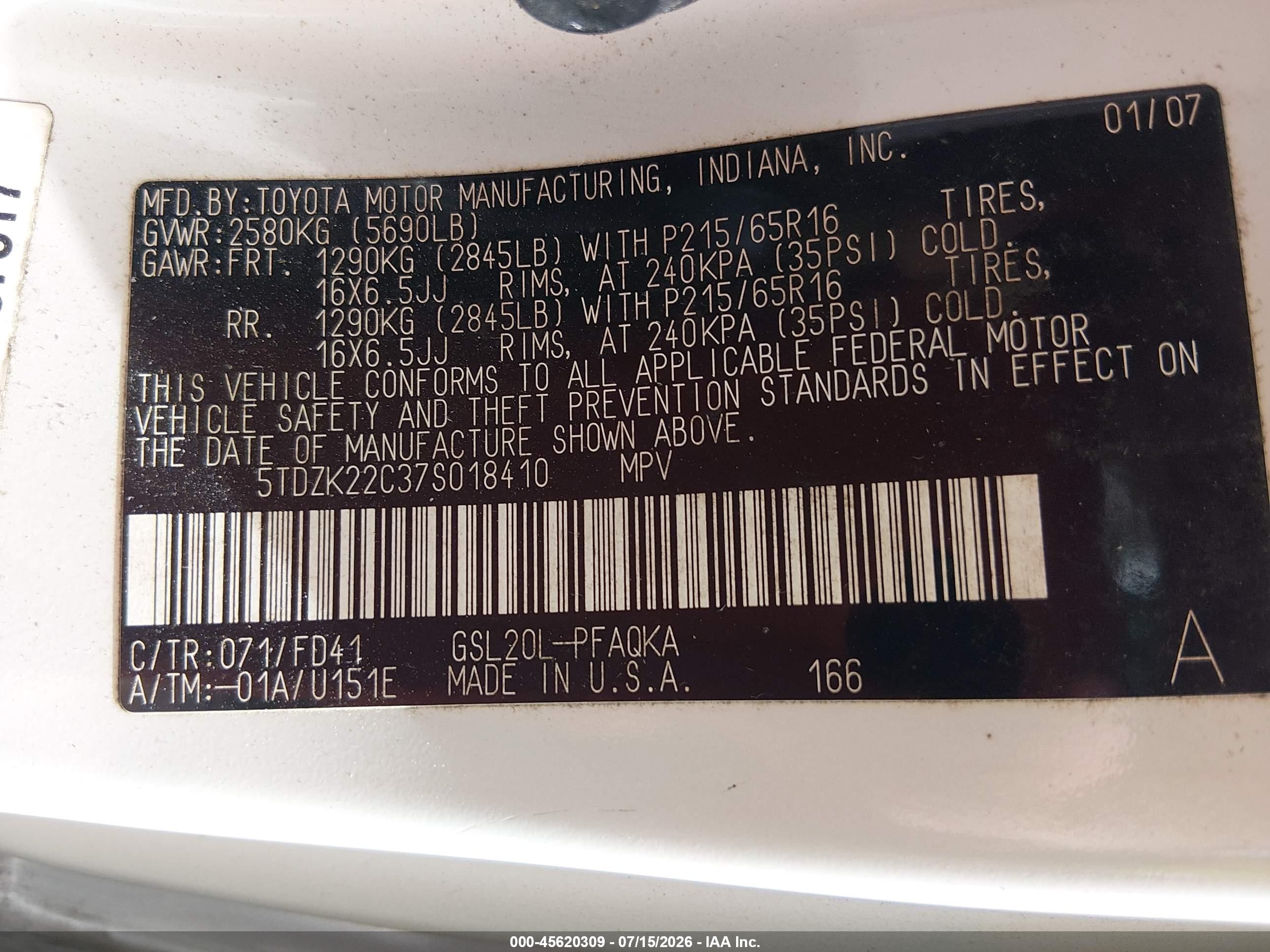 2007 Toyota Sienna Xle White vin: 5TDZK22C37S018410