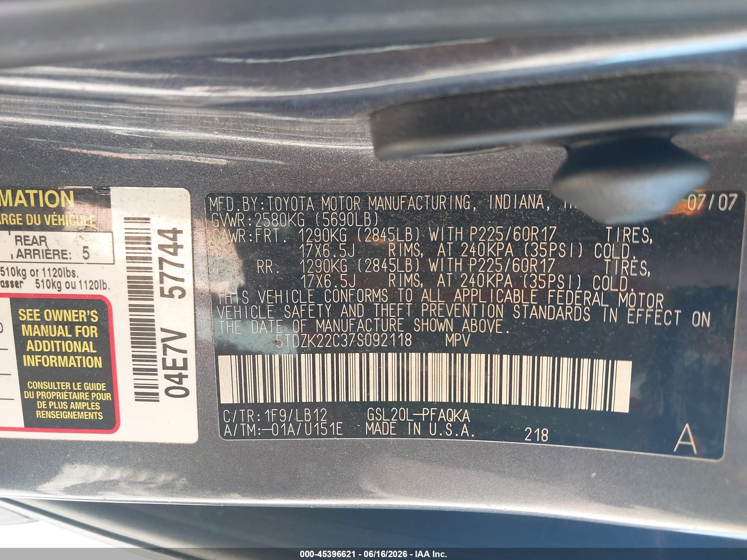 2007 Toyota Sienna Xle Light Blue vin: 5TDZK22C37S092118