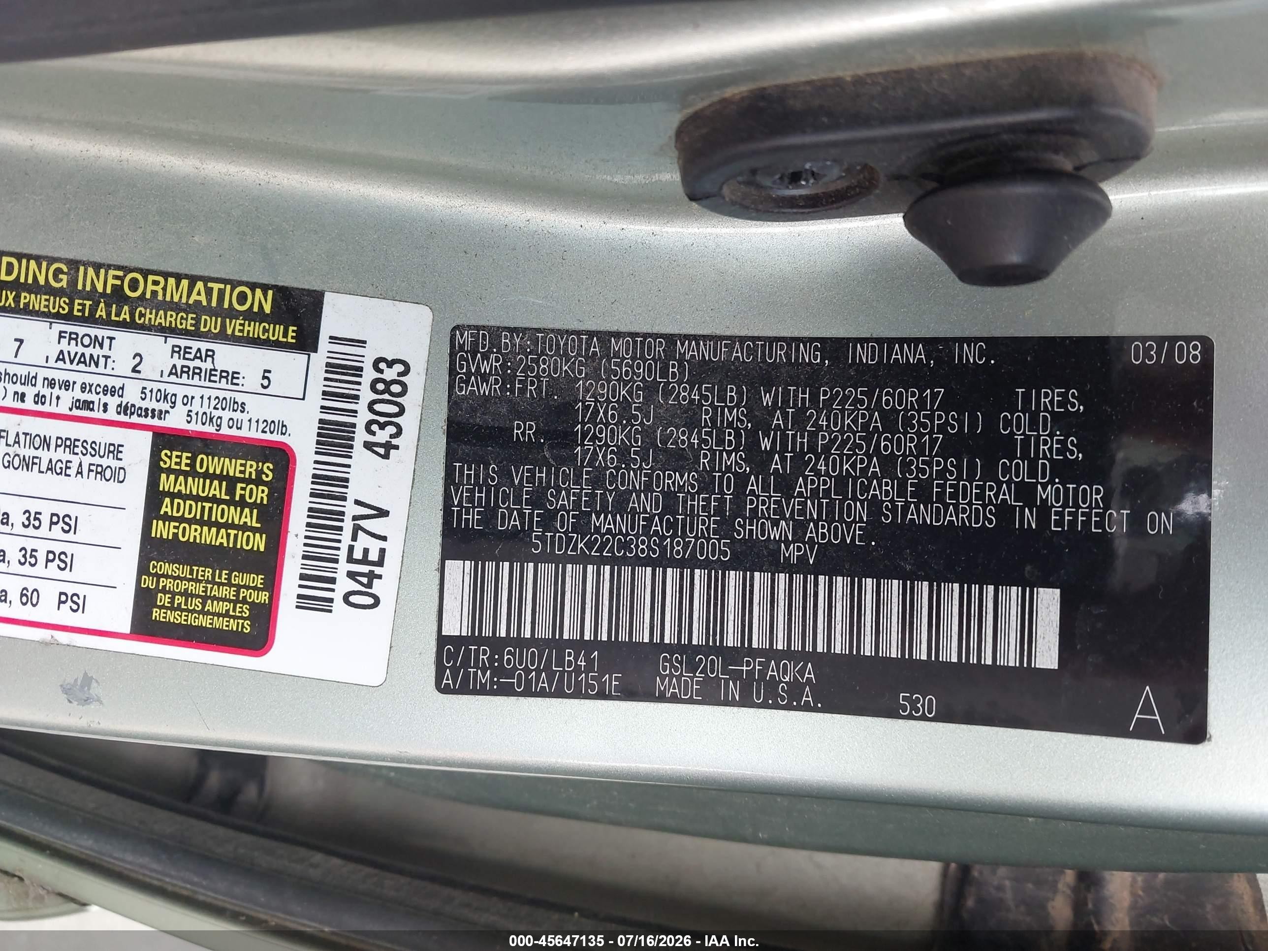 2008 Toyota Sienna Xle Зеленый vin: 5TDZK22C38S187005