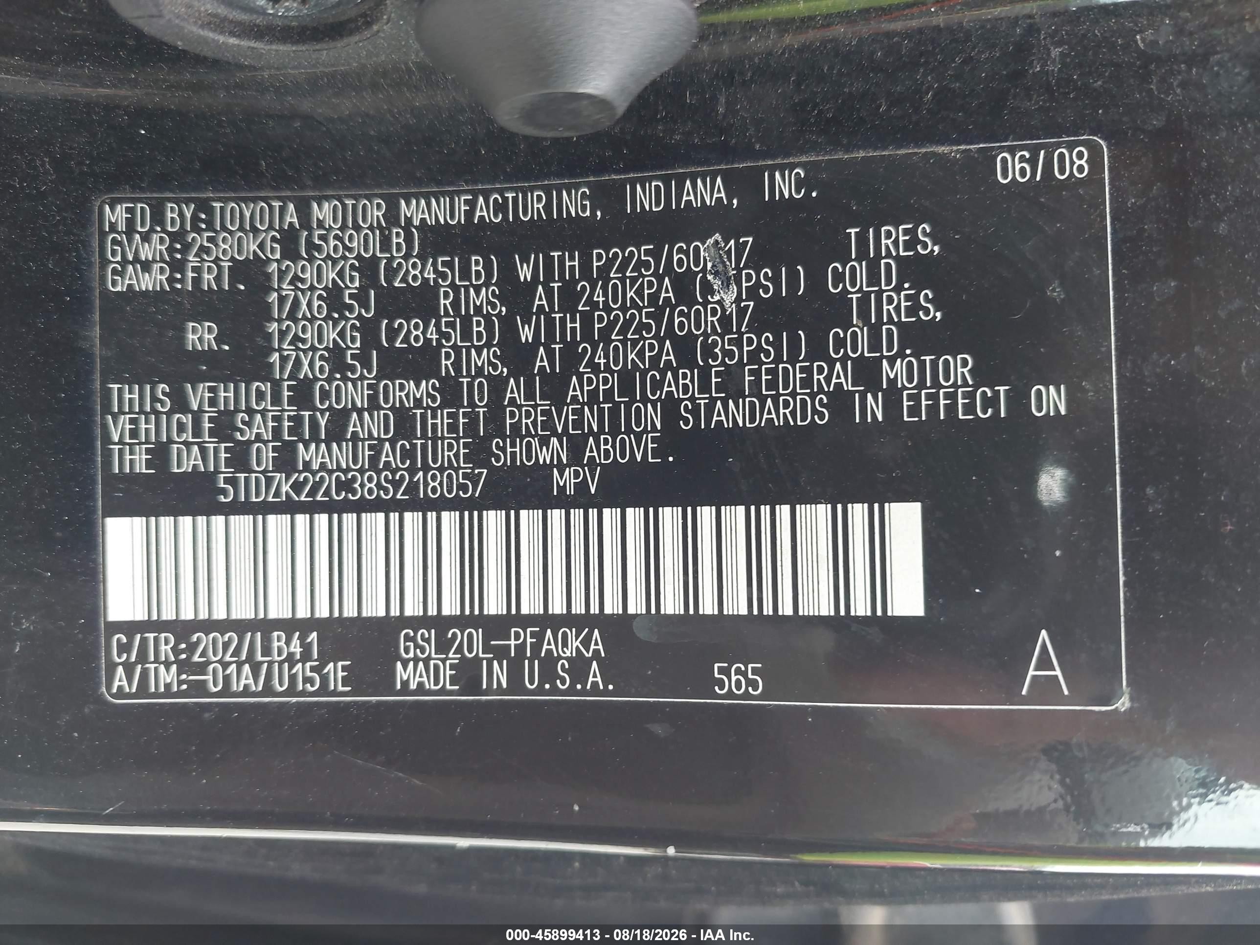 2008 Toyota Sienna Xle Black vin: 5TDZK22C38S218057