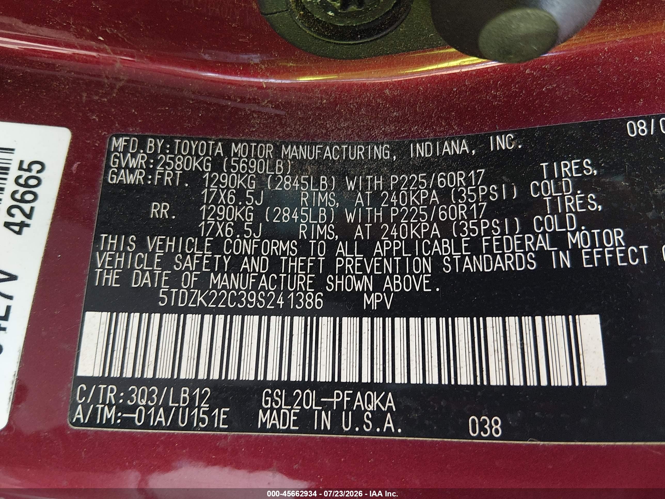 2009 Toyota Sienna Xle Red vin: 5TDZK22C39S241386