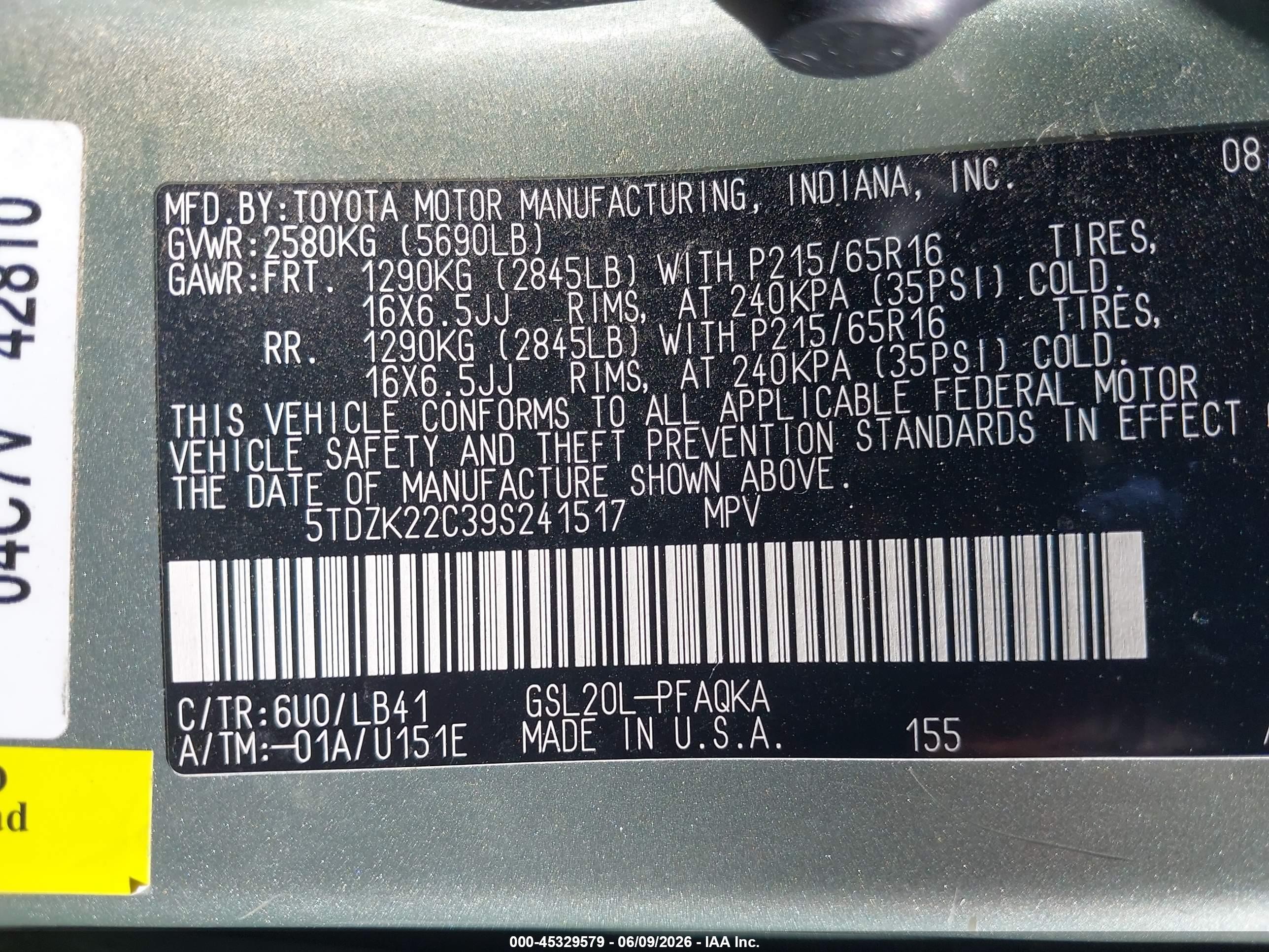 2009 Toyota Sienna Xle Green vin: 5TDZK22C39S241517