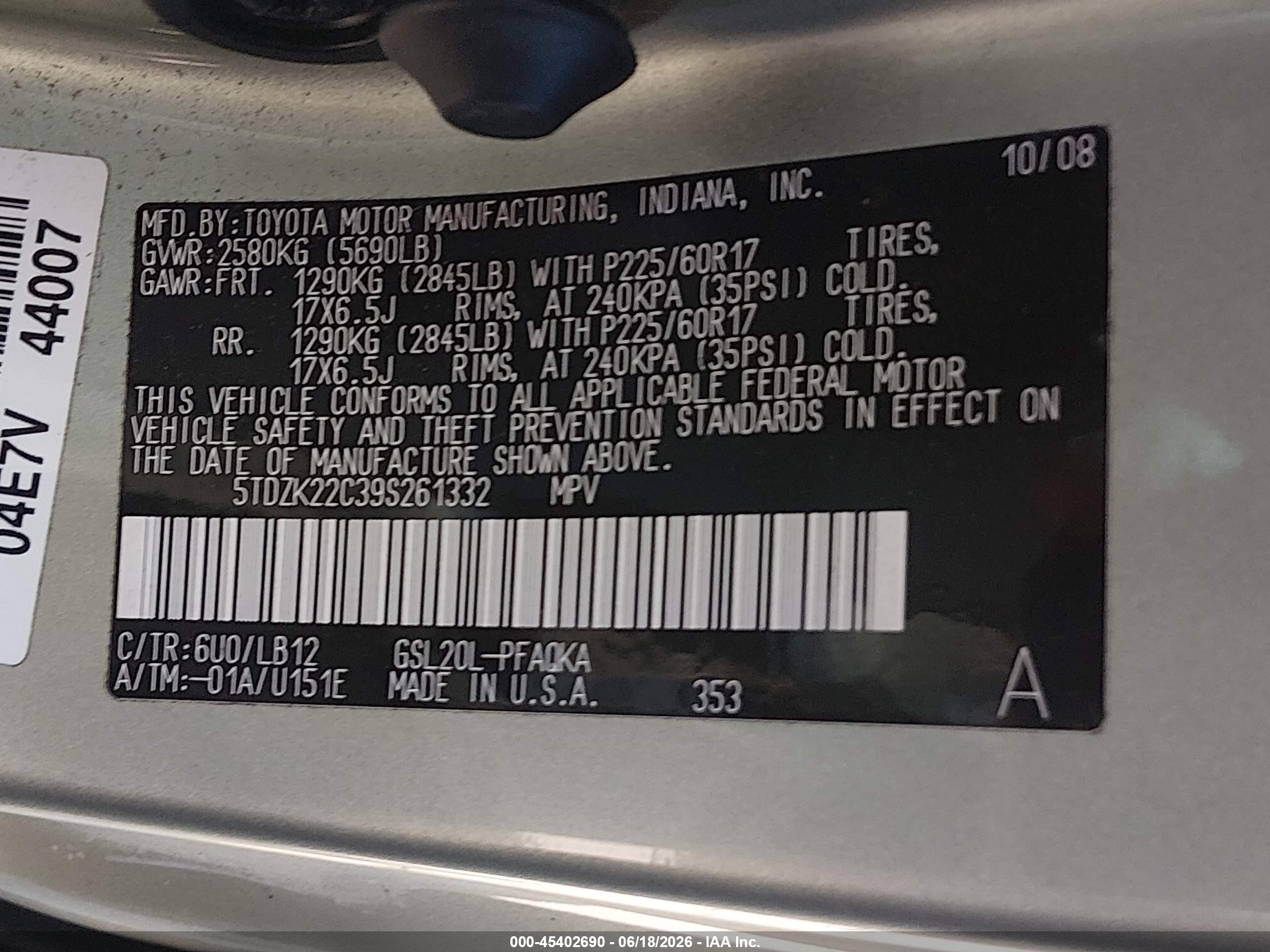 2009 Toyota Sienna Xle Green vin: 5TDZK22C39S261332