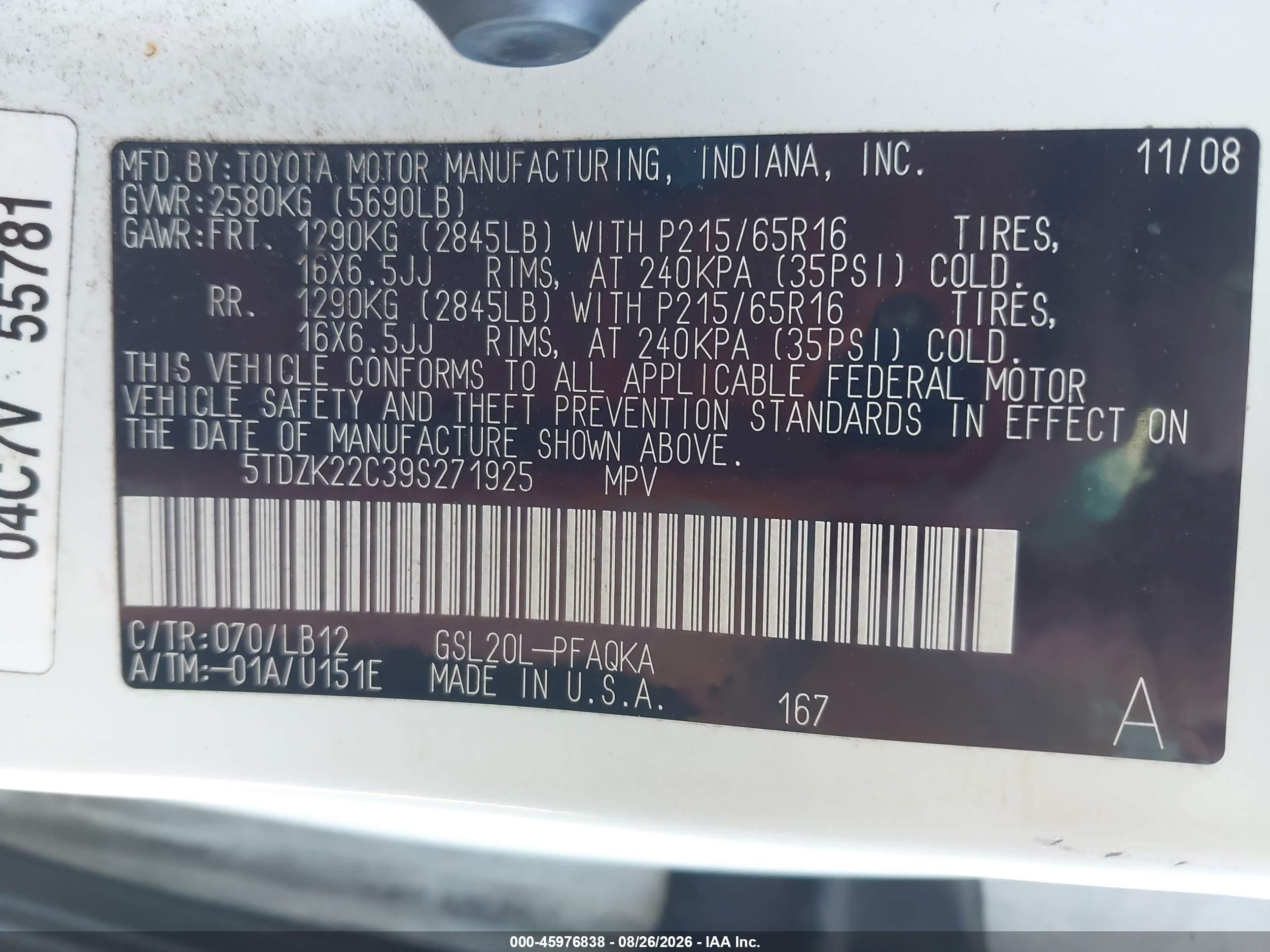 2009 Toyota Sienna Xle White vin: 5TDZK22C39S271925