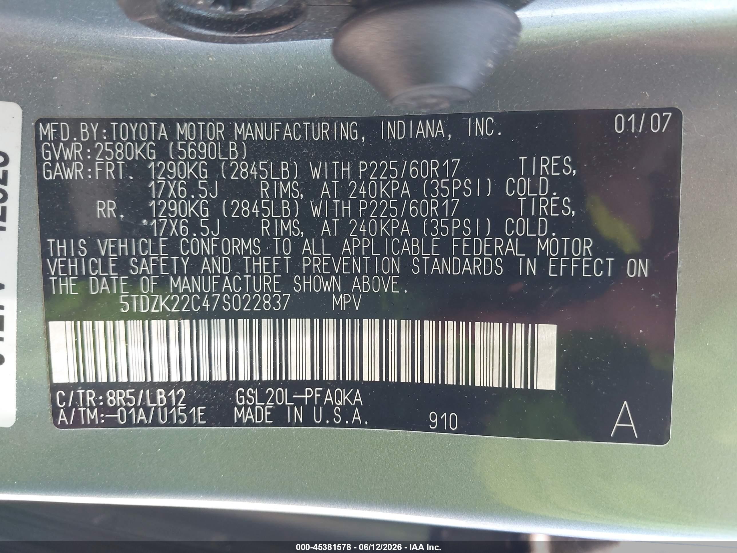 2007 Toyota Sienna Xle Серый vin: 5TDZK22C47S022837