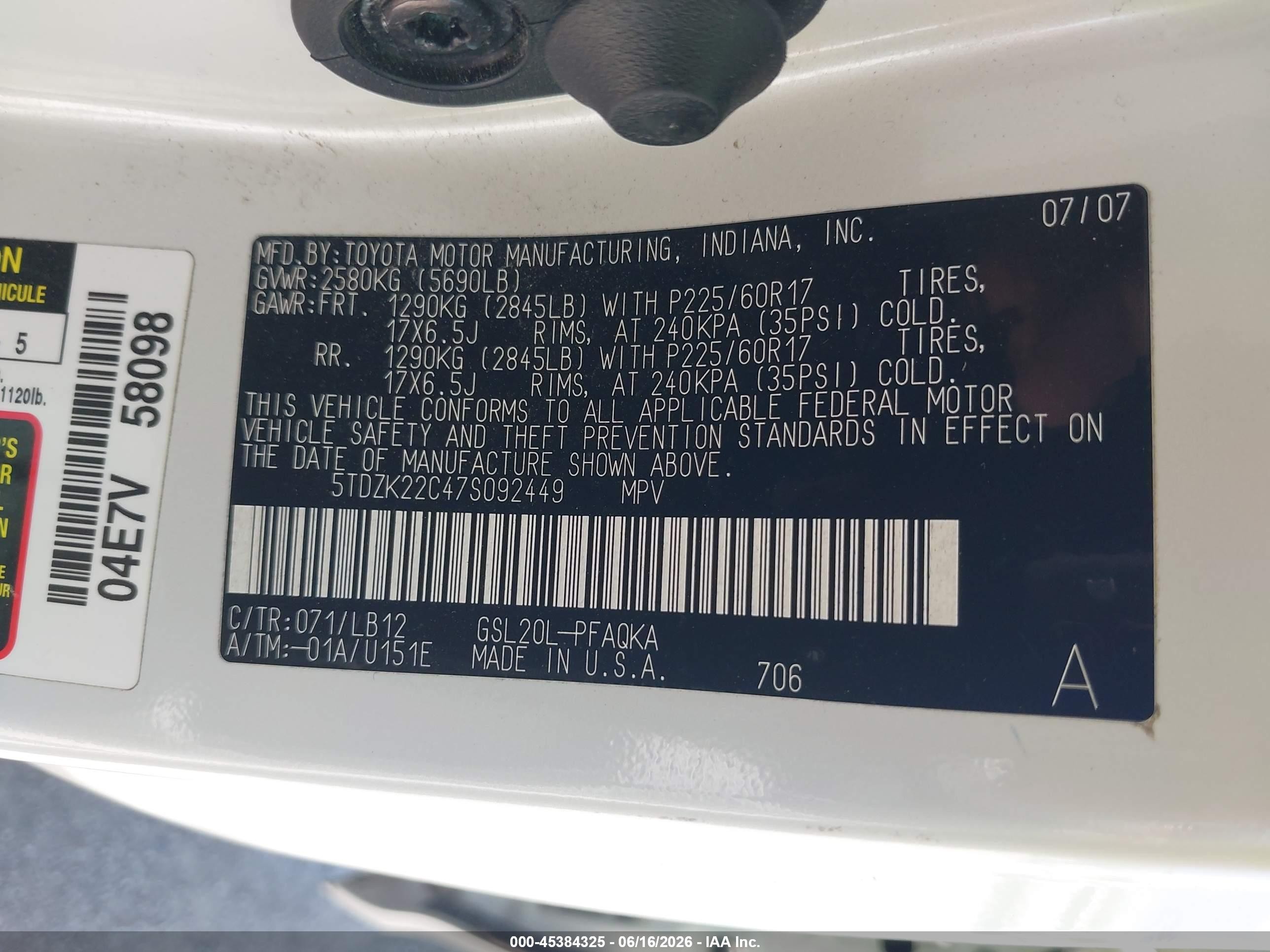 2007 Toyota Sienna Xle White vin: 5TDZK22C47S092449