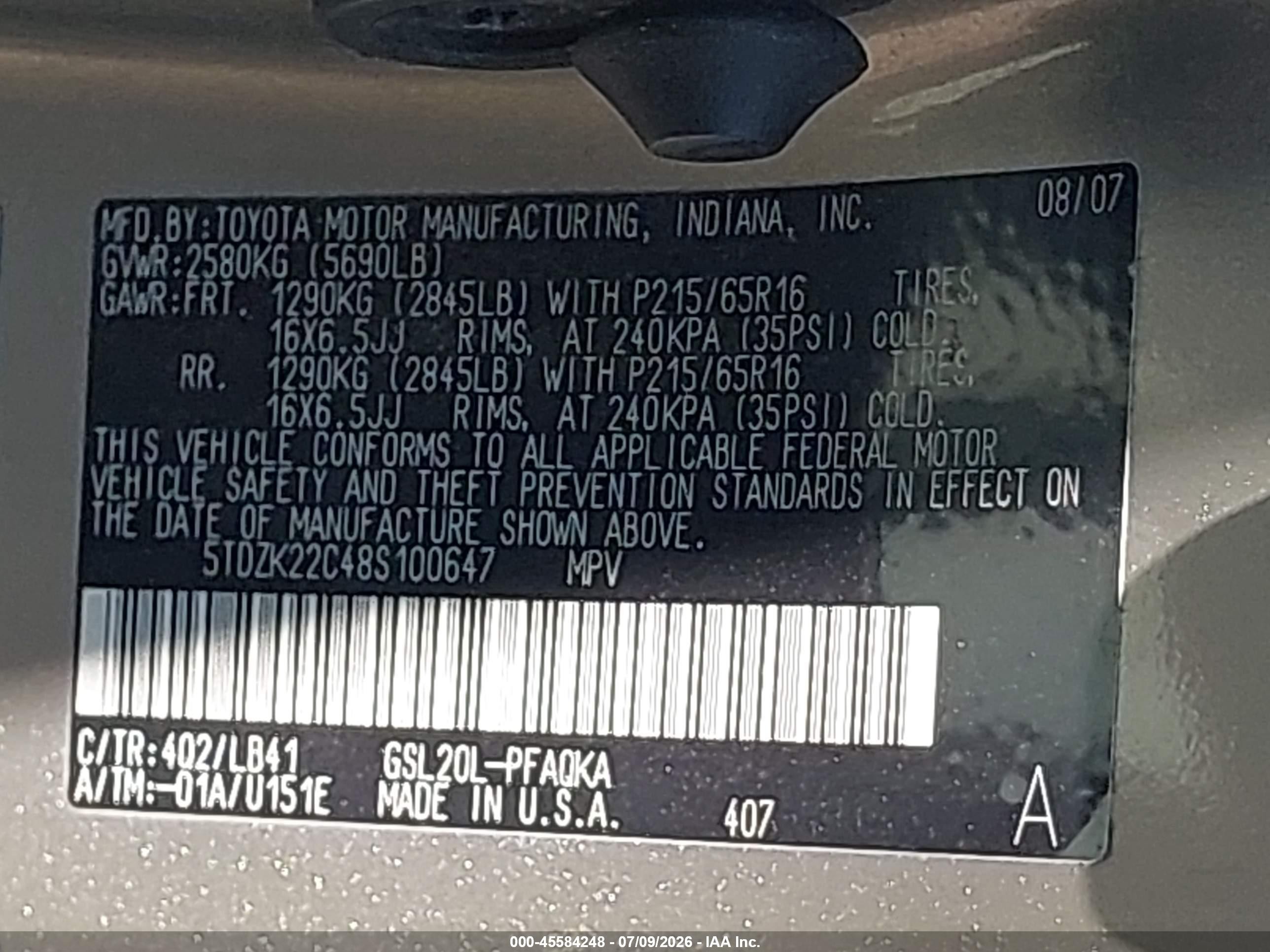 2008 Toyota Sienna Xle Beige vin: 5TDZK22C48S100647