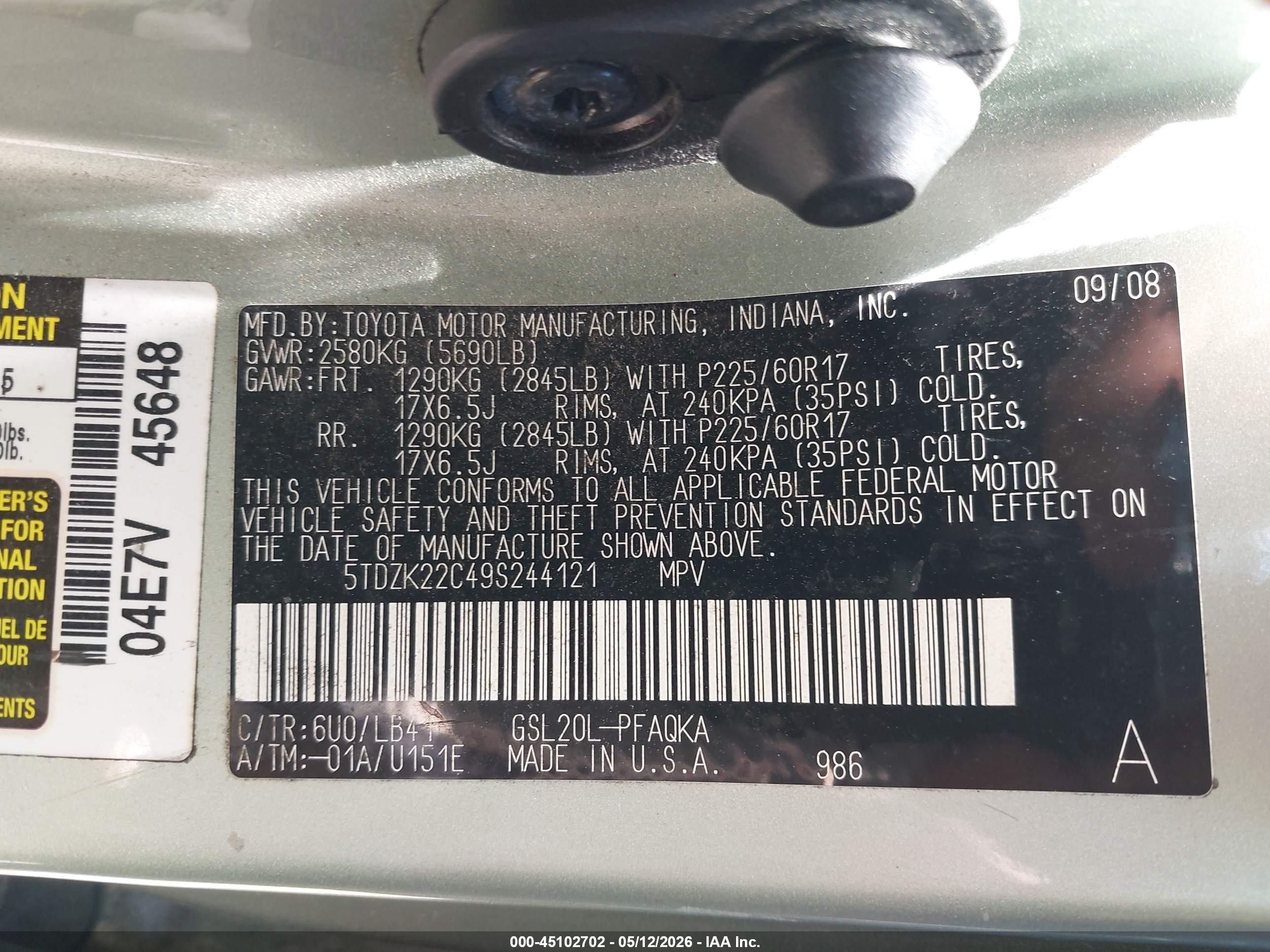 2009 Toyota Sienna Xle Green vin: 5TDZK22C49S244121