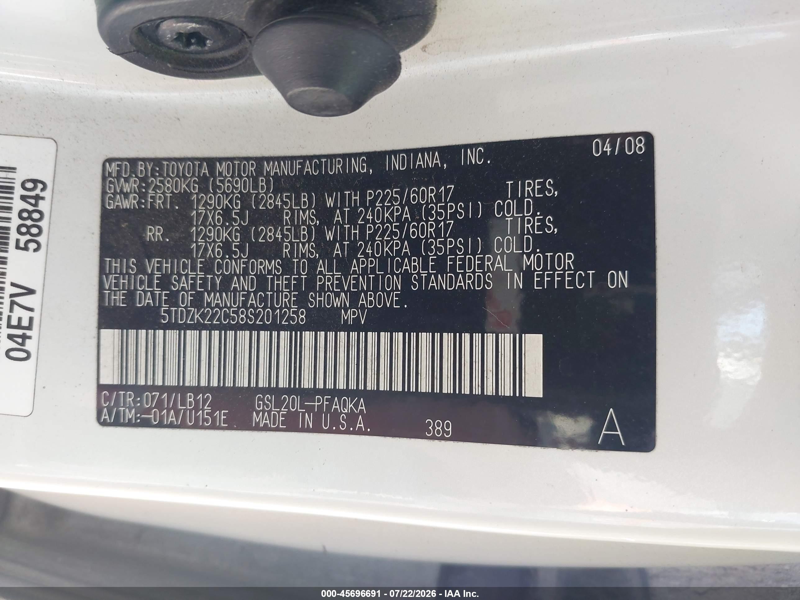 2008 Toyota Sienna Xle White vin: 5TDZK22C58S201258