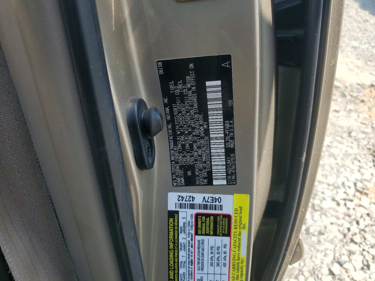 2008 Toyota Sienna Xle Gold vin: 5TDZK22C58S223230