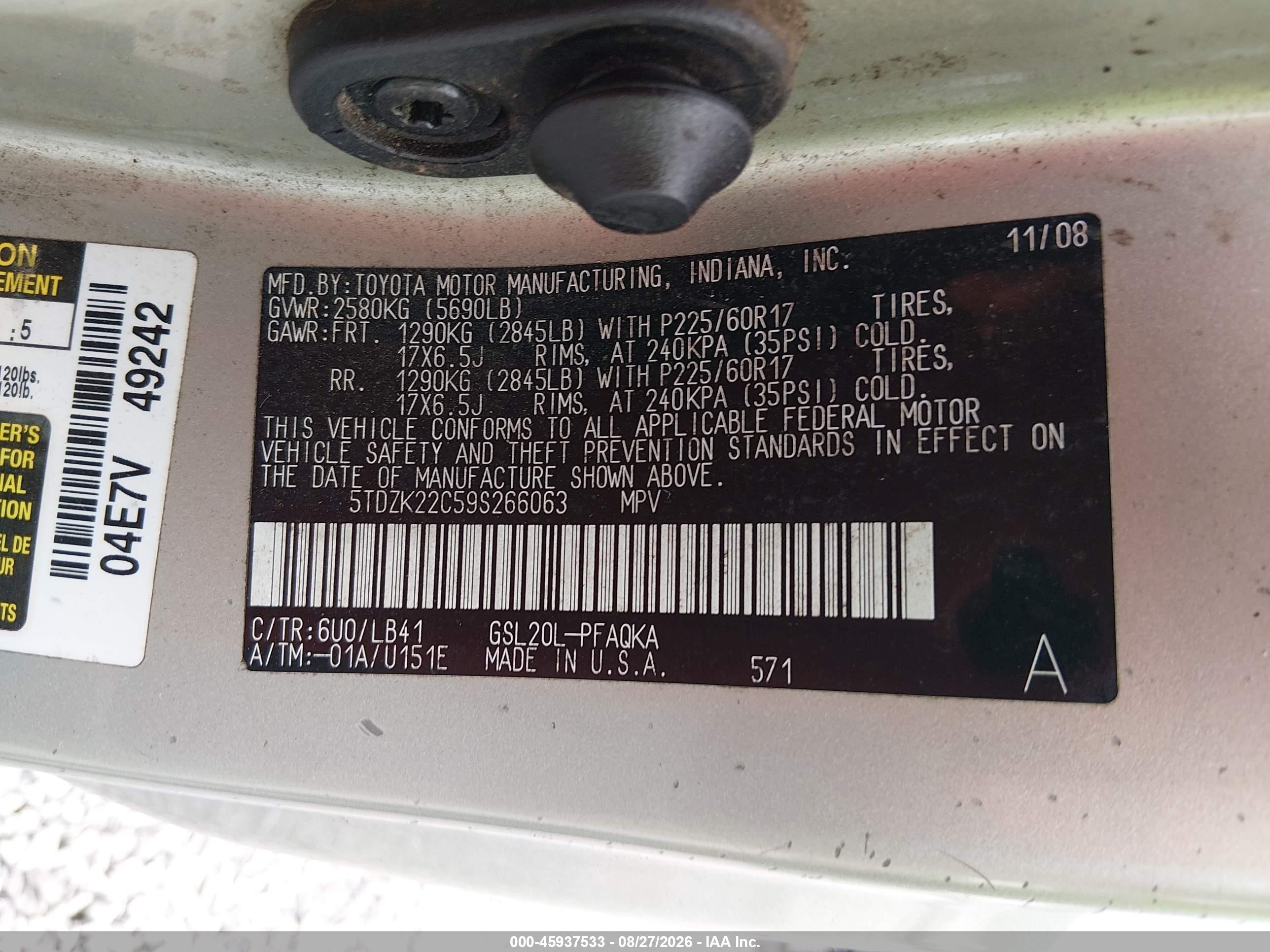 2009 Toyota Sienna Xle Green vin: 5TDZK22C59S266063