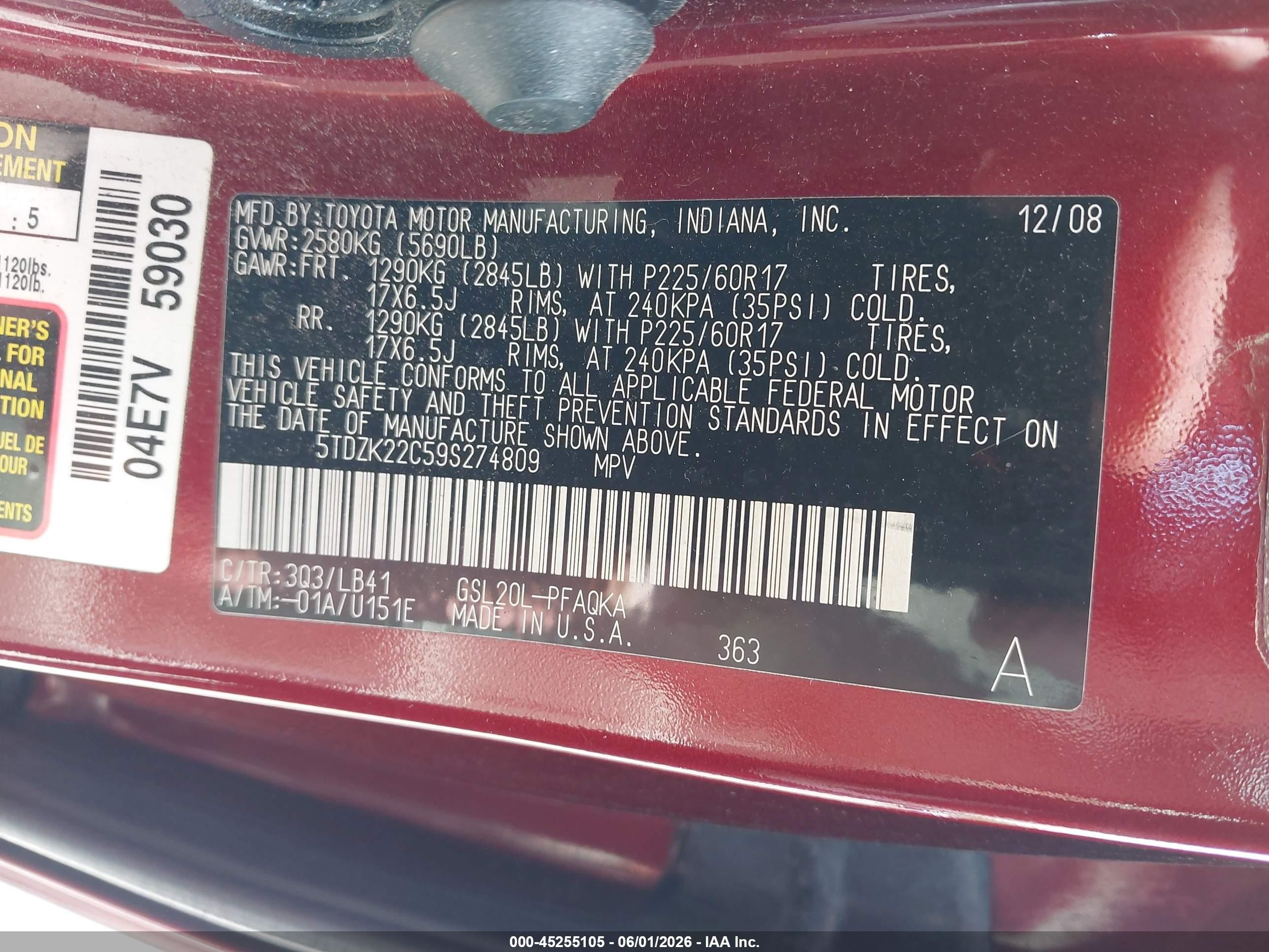 2009 Toyota Sienna Xle Red vin: 5TDZK22C59S274809