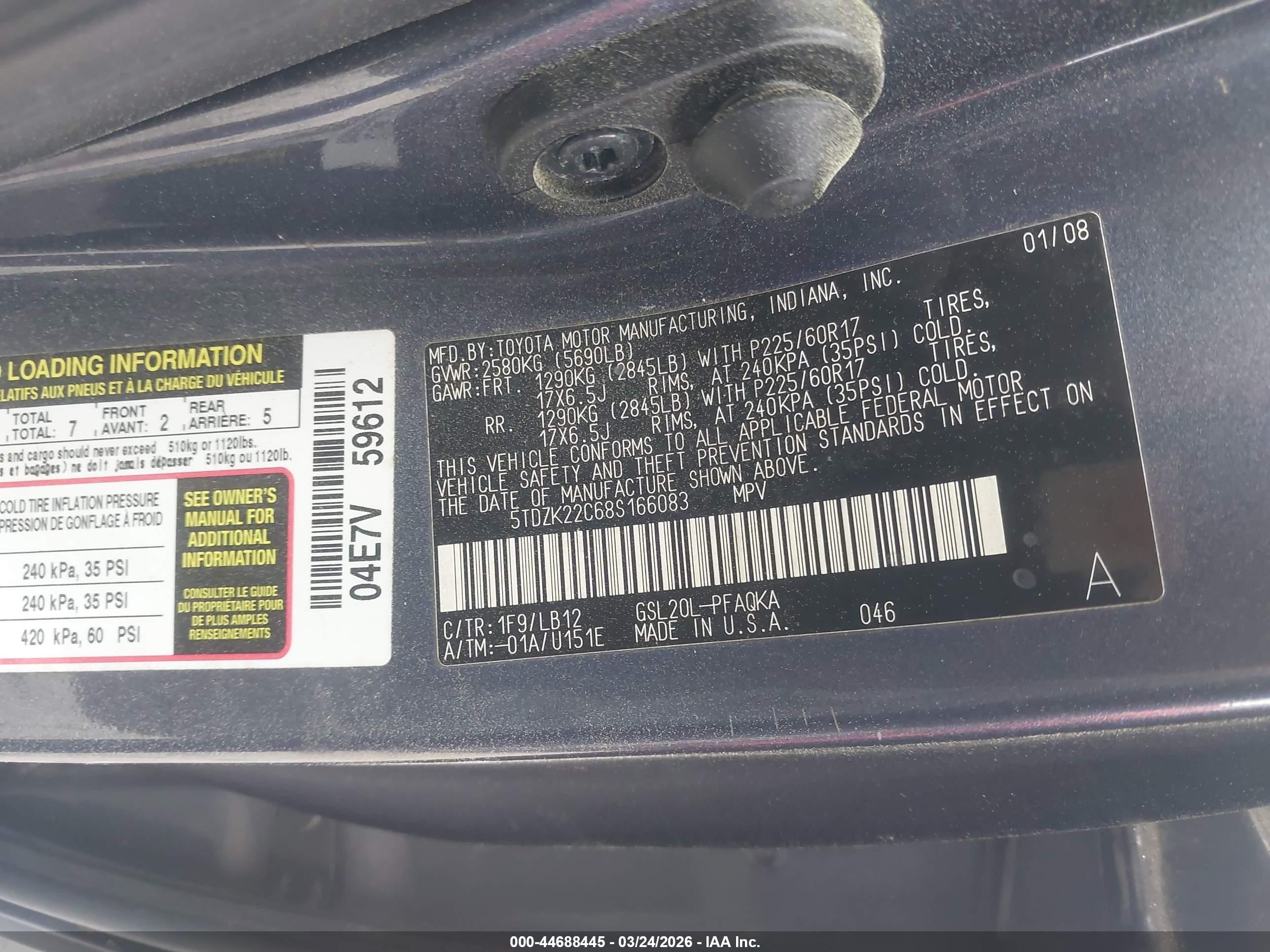 2008 Toyota Sienna Xle Blue vin: 5TDZK22C68S166083