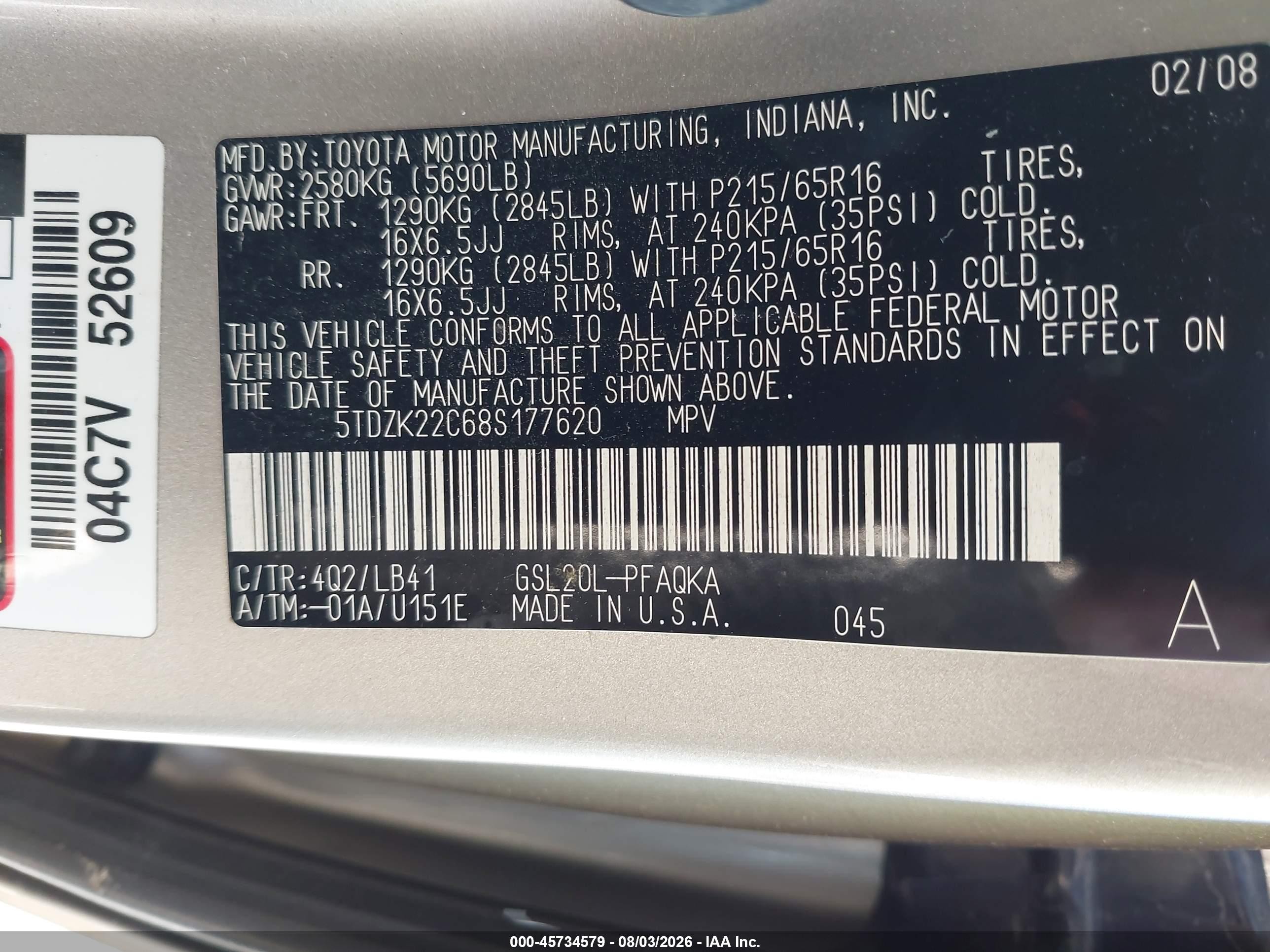2008 Toyota Sienna Xle Champagne vin: 5TDZK22C68S177620