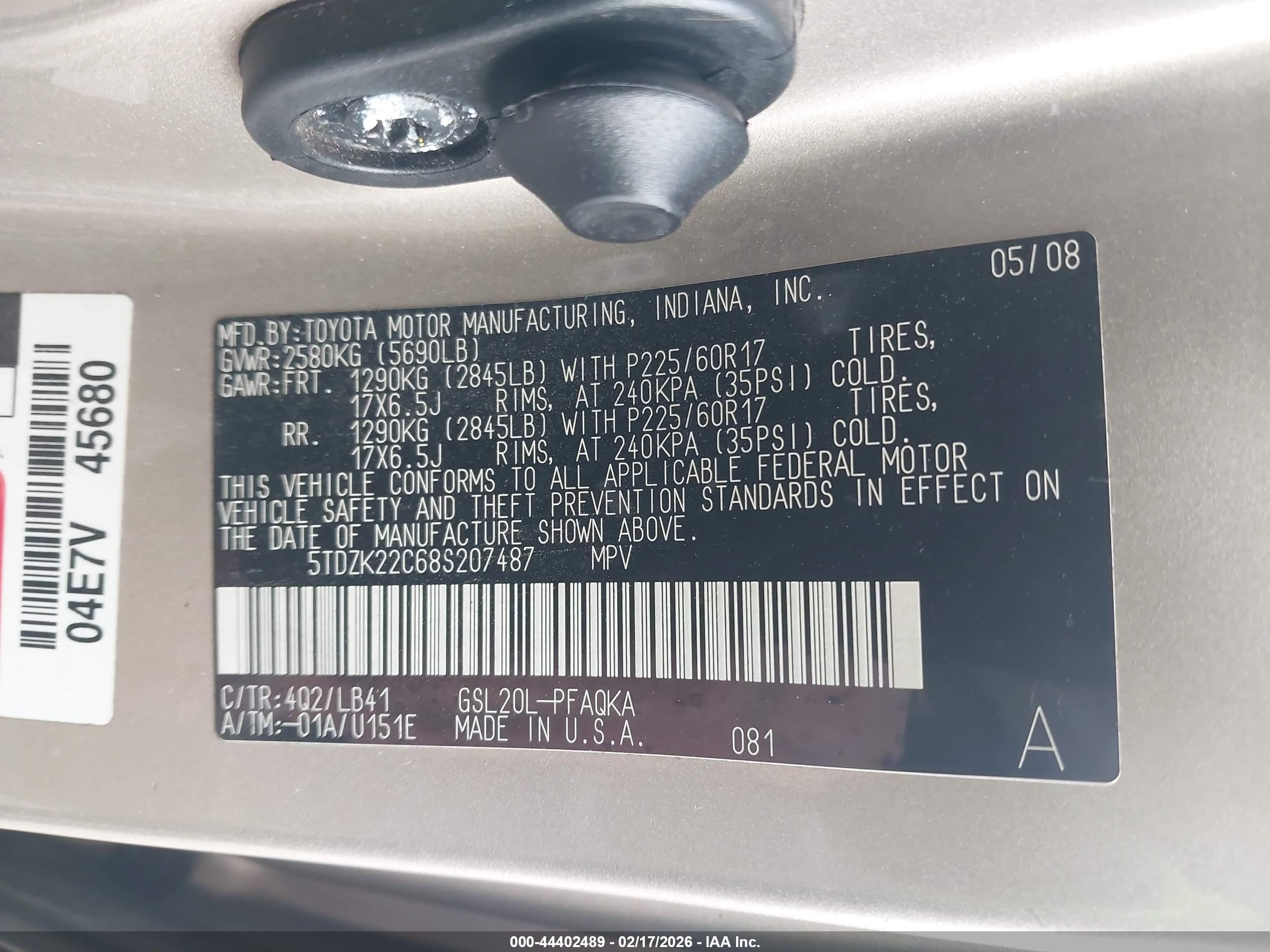 2008 Toyota Sienna Xle Gold vin: 5TDZK22C68S207487