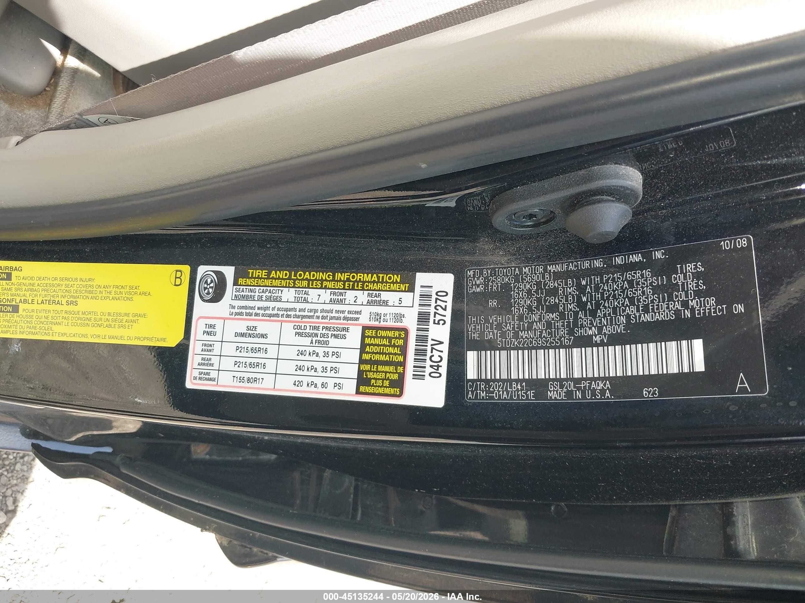 2009 Toyota Sienna Xle Черный vin: 5TDZK22C69S255167