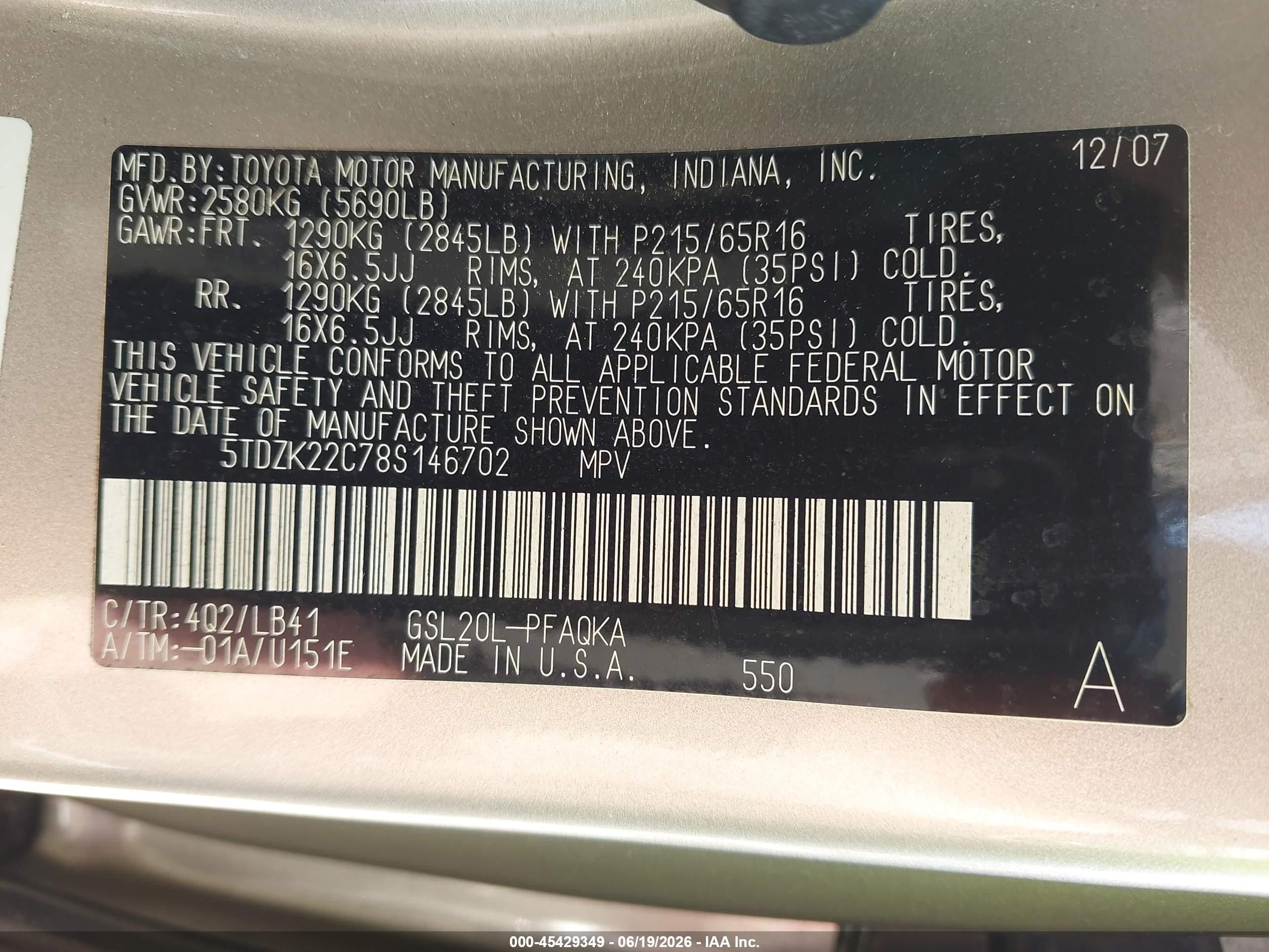 2008 Toyota Sienna Xle Gold vin: 5TDZK22C78S146702