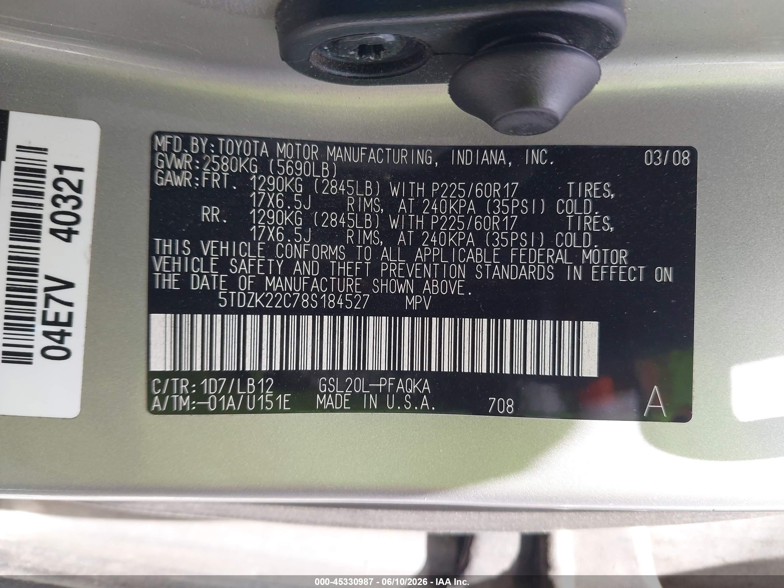 2008 Toyota Sienna Xle Gray vin: 5TDZK22C78S184527