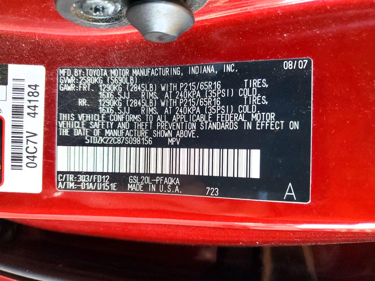 2007 Toyota Sienna Xle 7-passenger Burgundy vin: 5TDZK22C87S098156