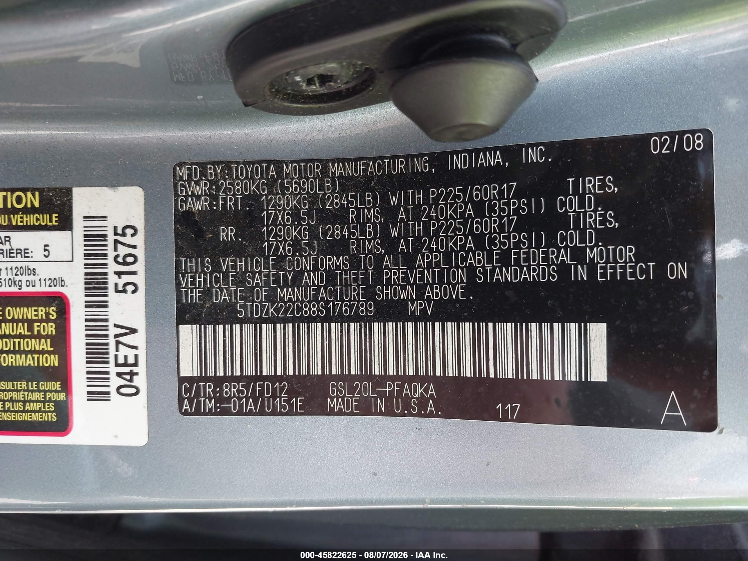 2008 Toyota Sienna Xle Синий vin: 5TDZK22C88S176789