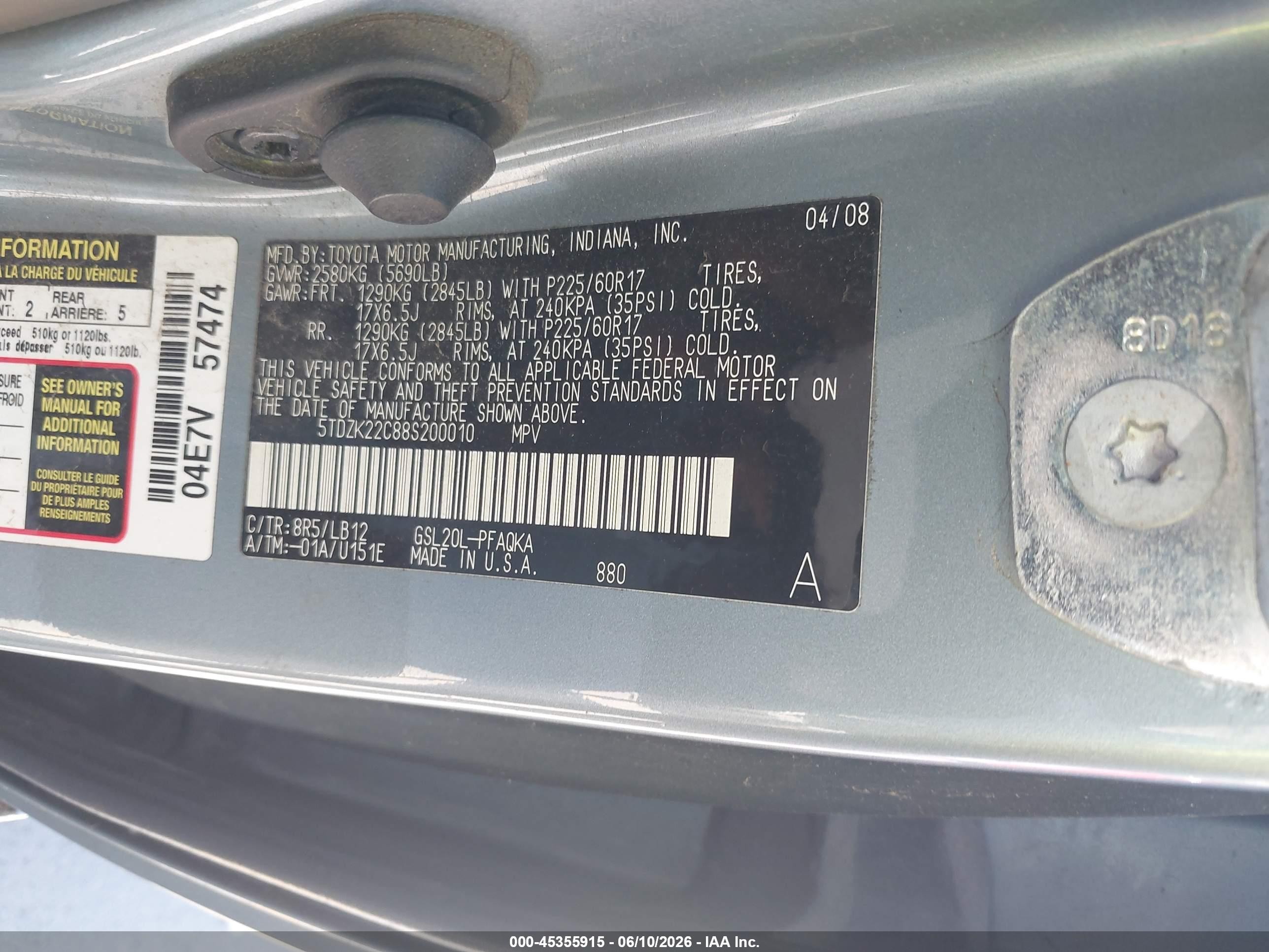 2008 Toyota Sienna Xle Blue vin: 5TDZK22C88S200010