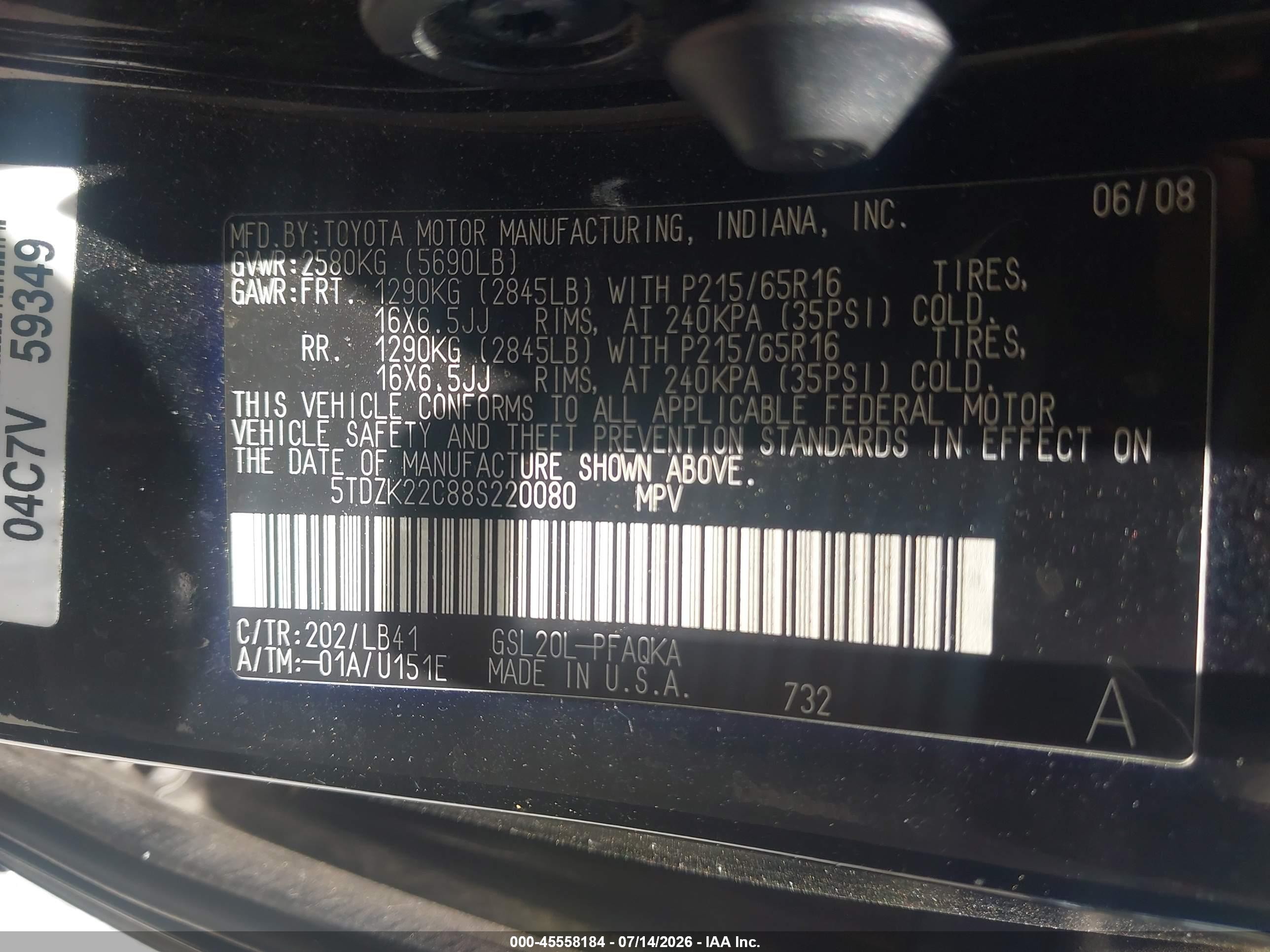 2008 Toyota Sienna Xle Black vin: 5TDZK22C88S220080