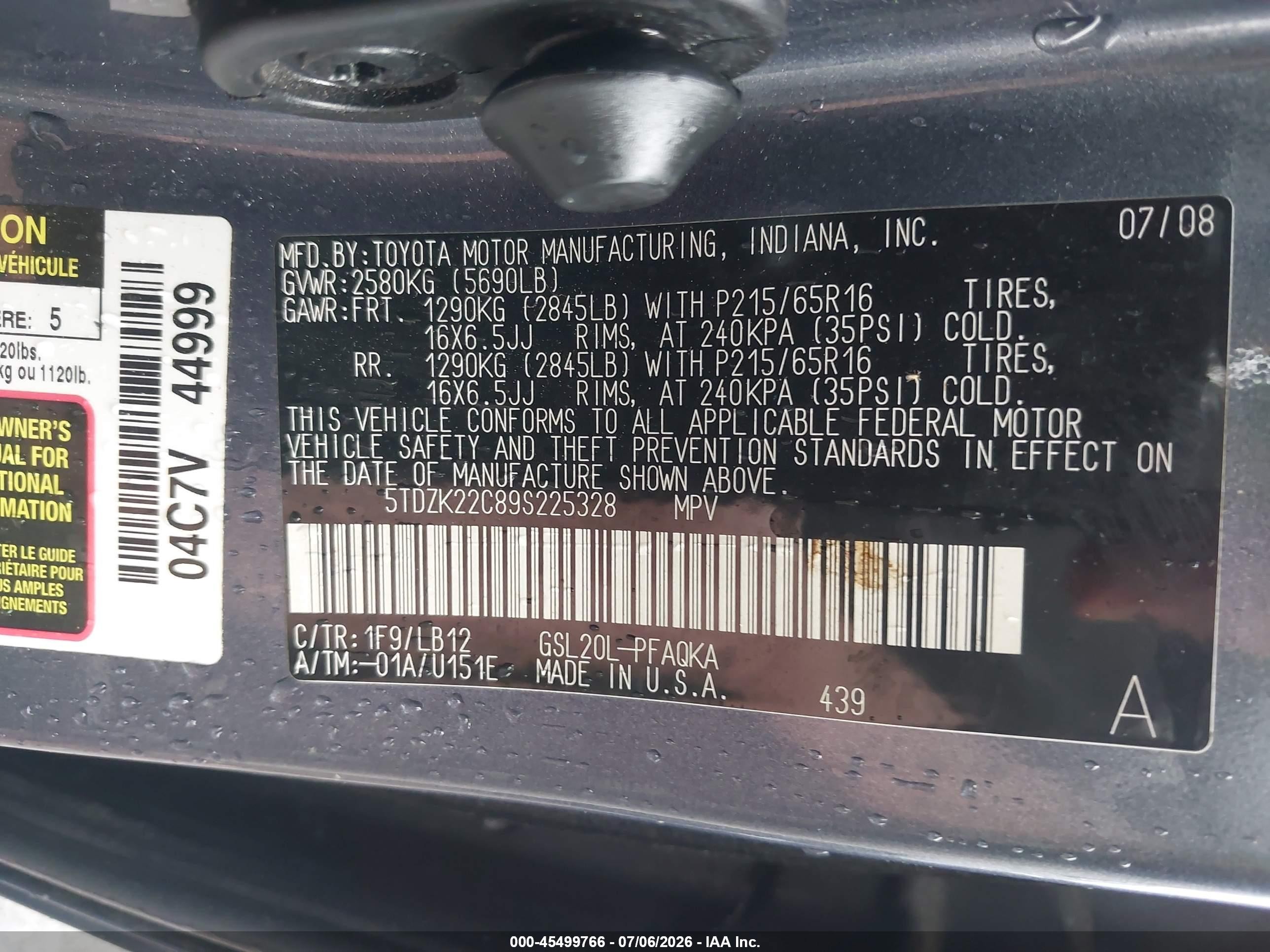 2009 Toyota Sienna Xle Gray vin: 5TDZK22C89S225328