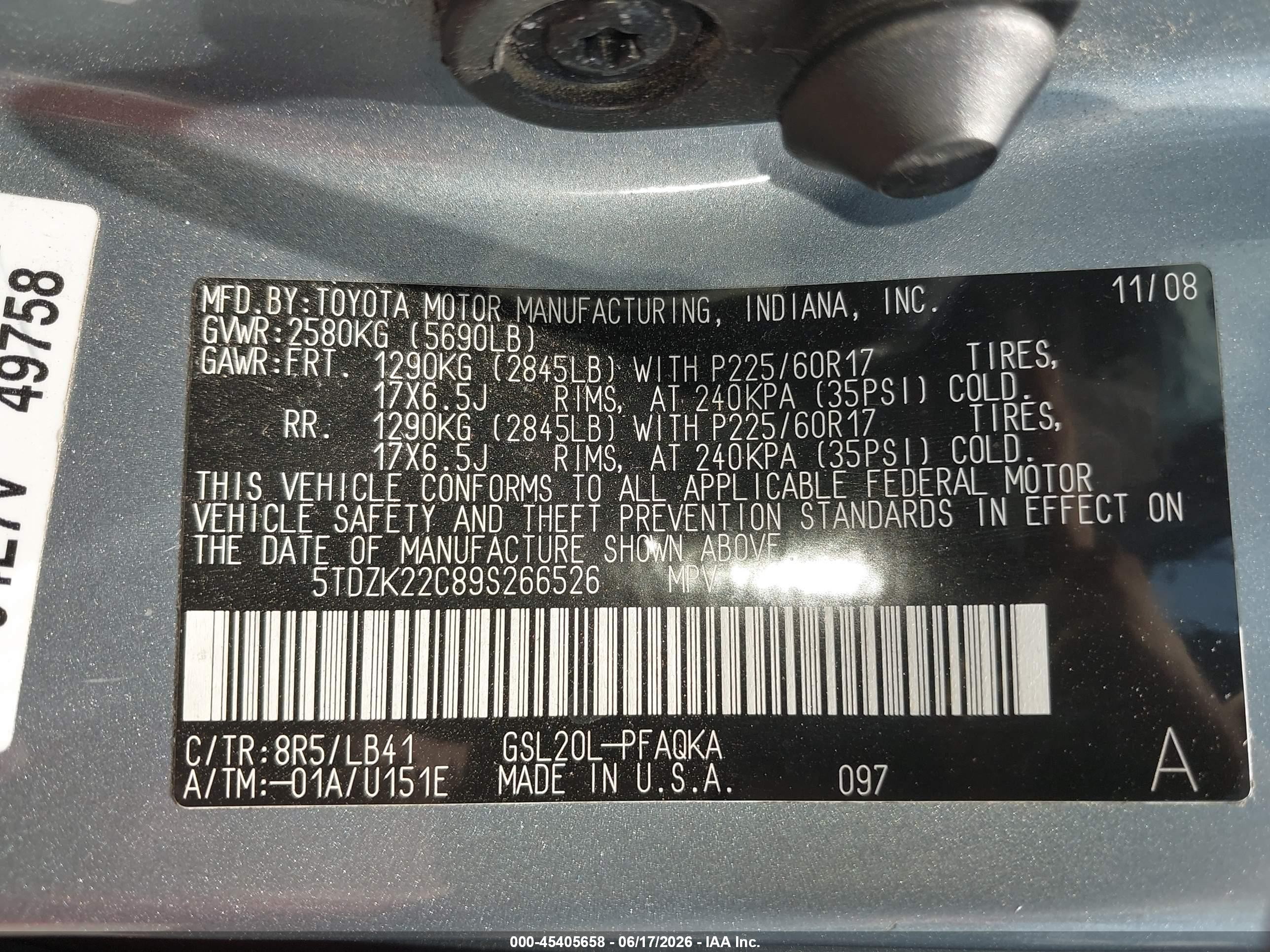 2009 Toyota Sienna Xle Blue vin: 5TDZK22C89S266526