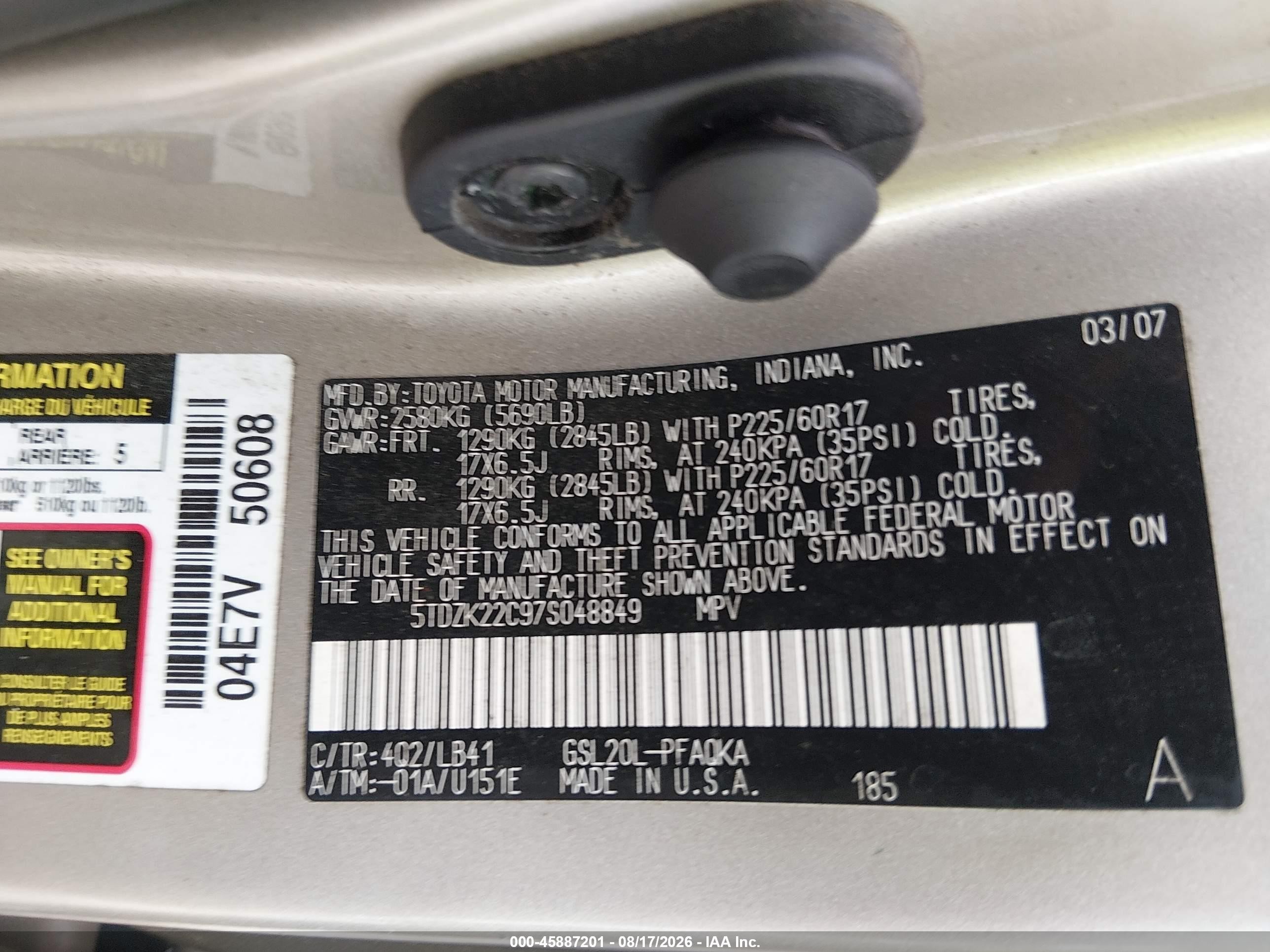 2007 Toyota Sienna Xle Limited Gold vin: 5TDZK22C97S048849