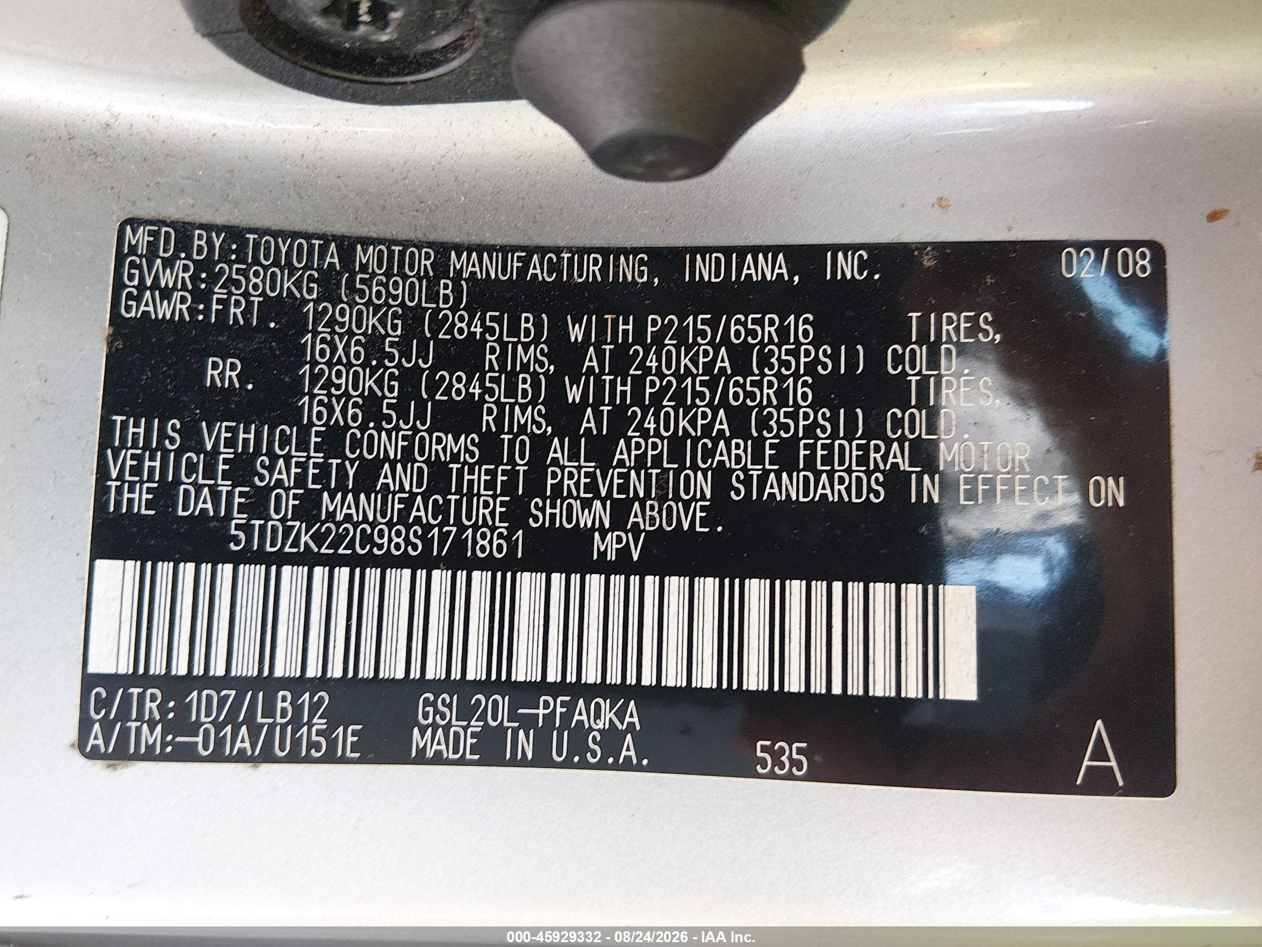 2008 Toyota Sienna Xle Серебряный vin: 5TDZK22C98S171861