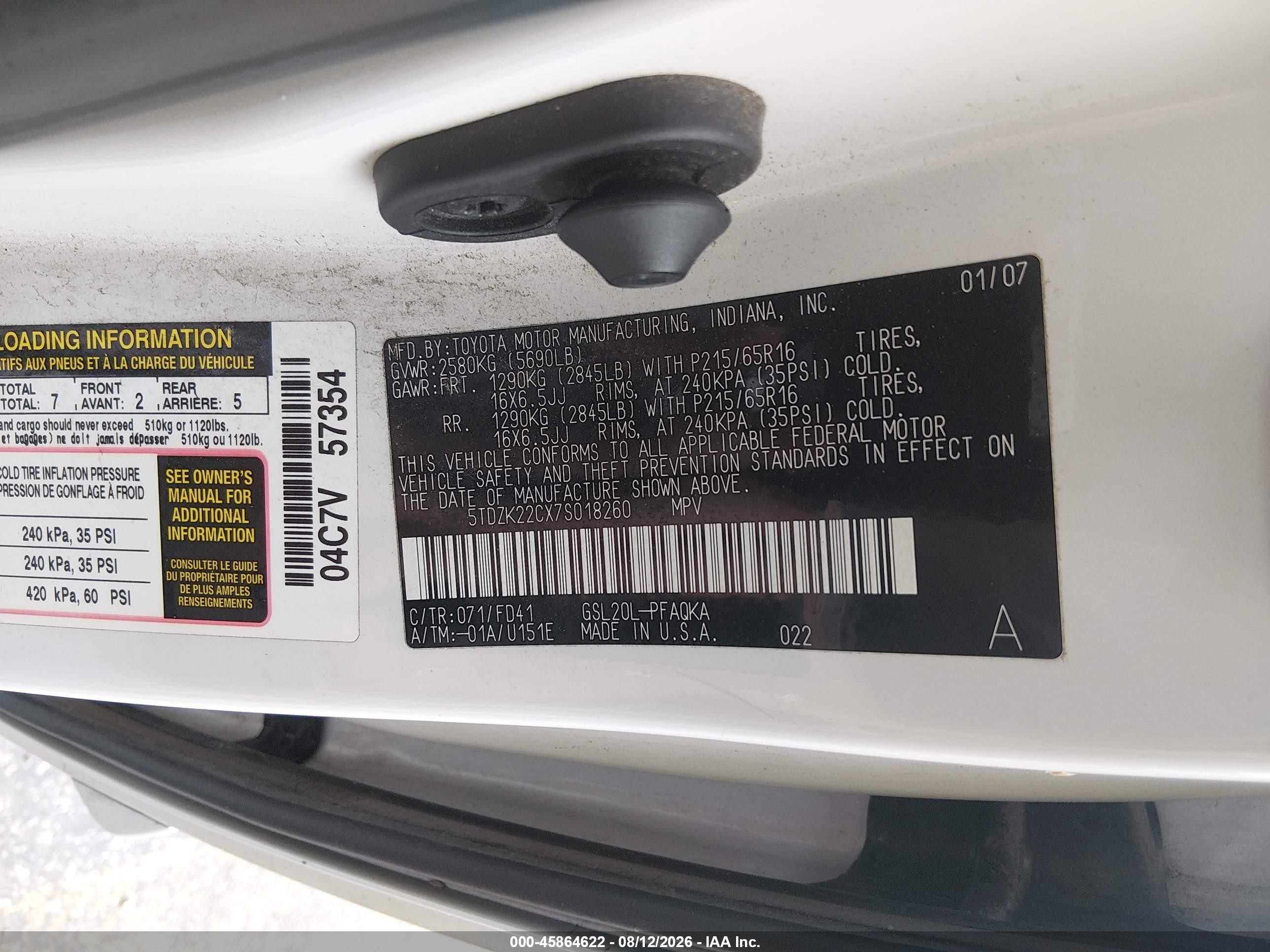 2007 Toyota Sienna Xle Белый vin: 5TDZK22CX7S018260