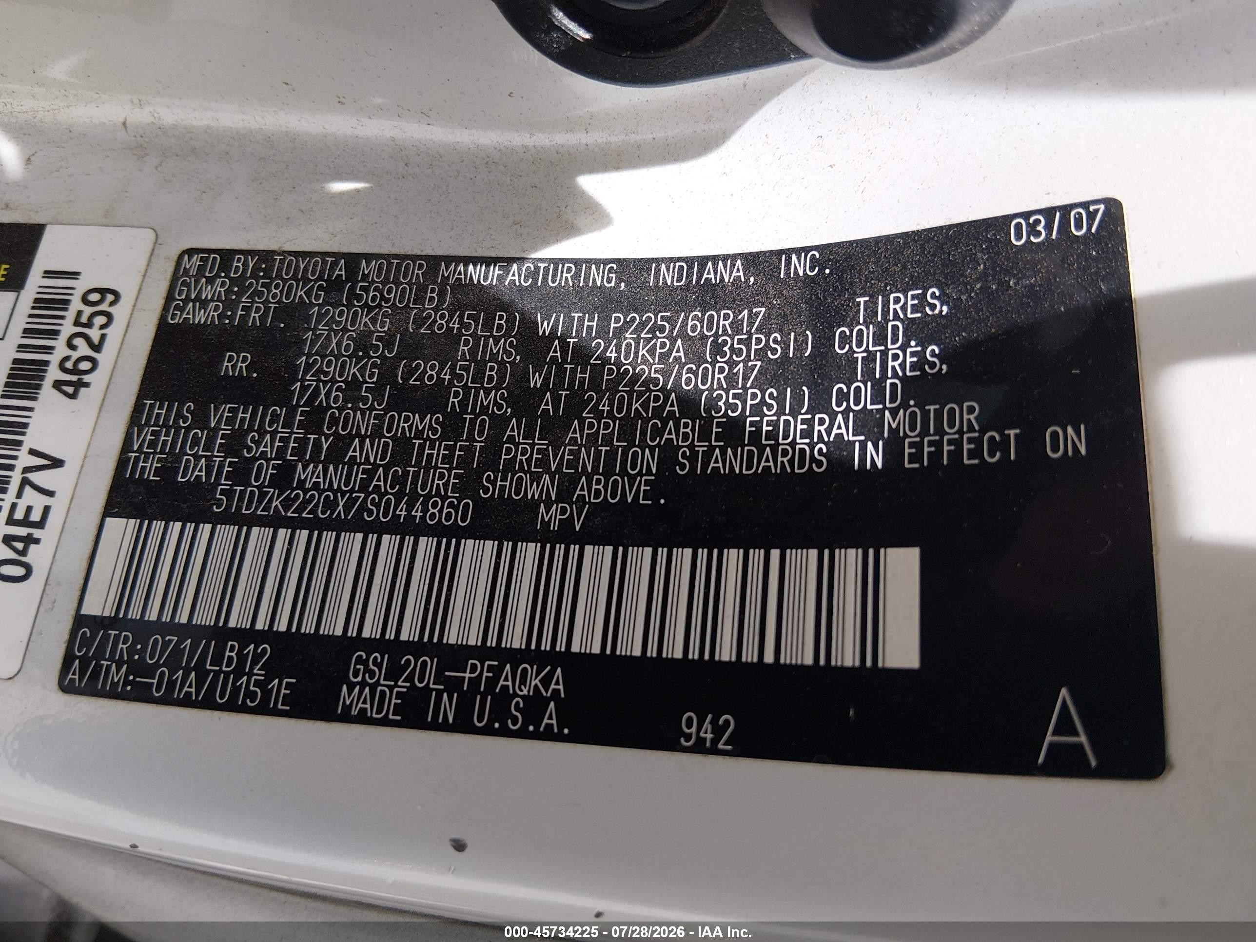 2007 Toyota Sienna Xle White vin: 5TDZK22CX7S044860