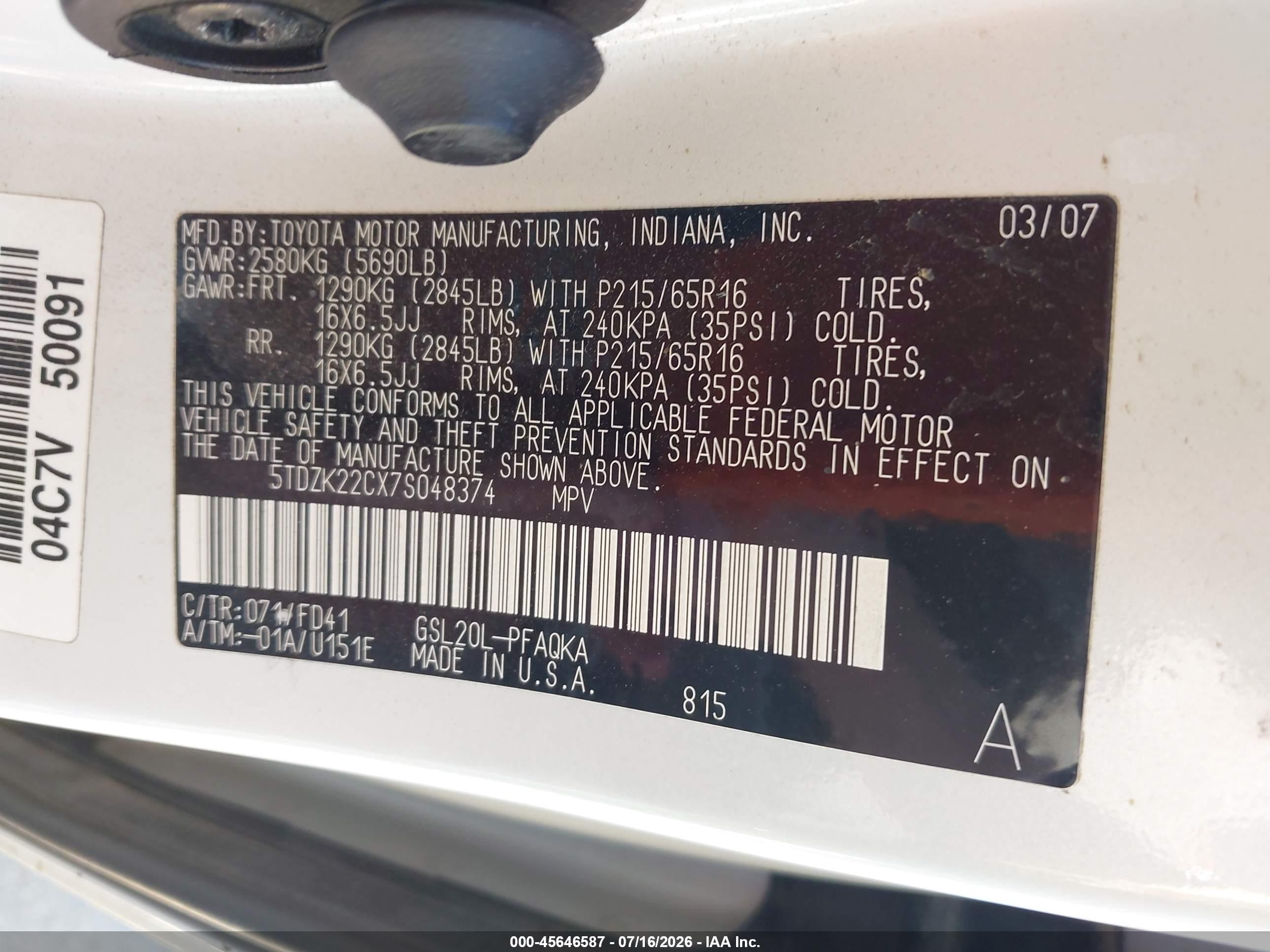2007 Toyota Sienna Xle White vin: 5TDZK22CX7S048374