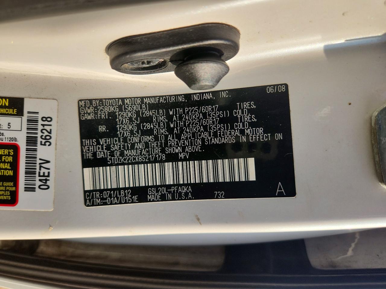 2008 Toyota Sienna Xle White vin: 5TDZK22CX8S217178