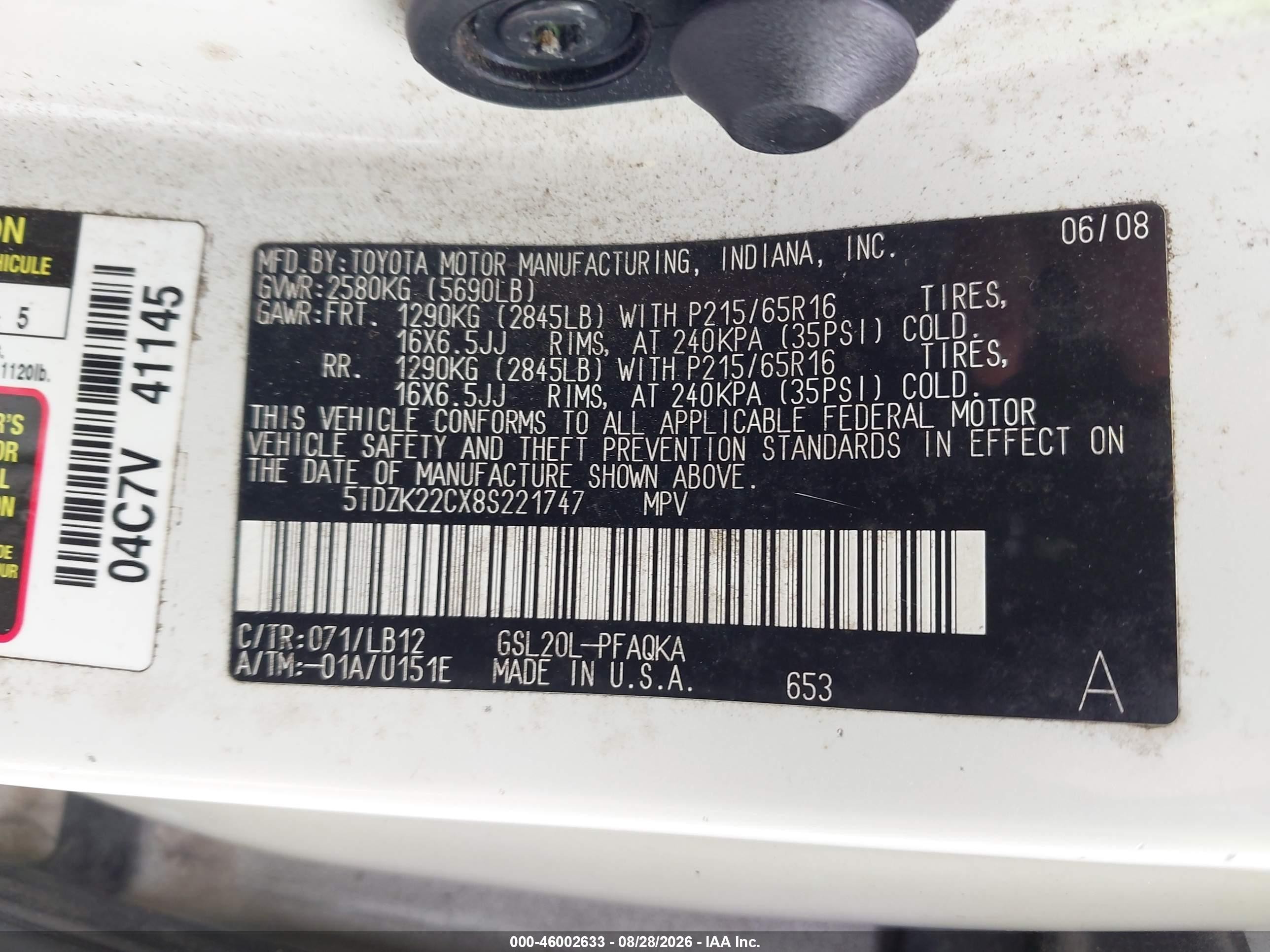 2008 Toyota Sienna Xle White vin: 5TDZK22CX8S221747