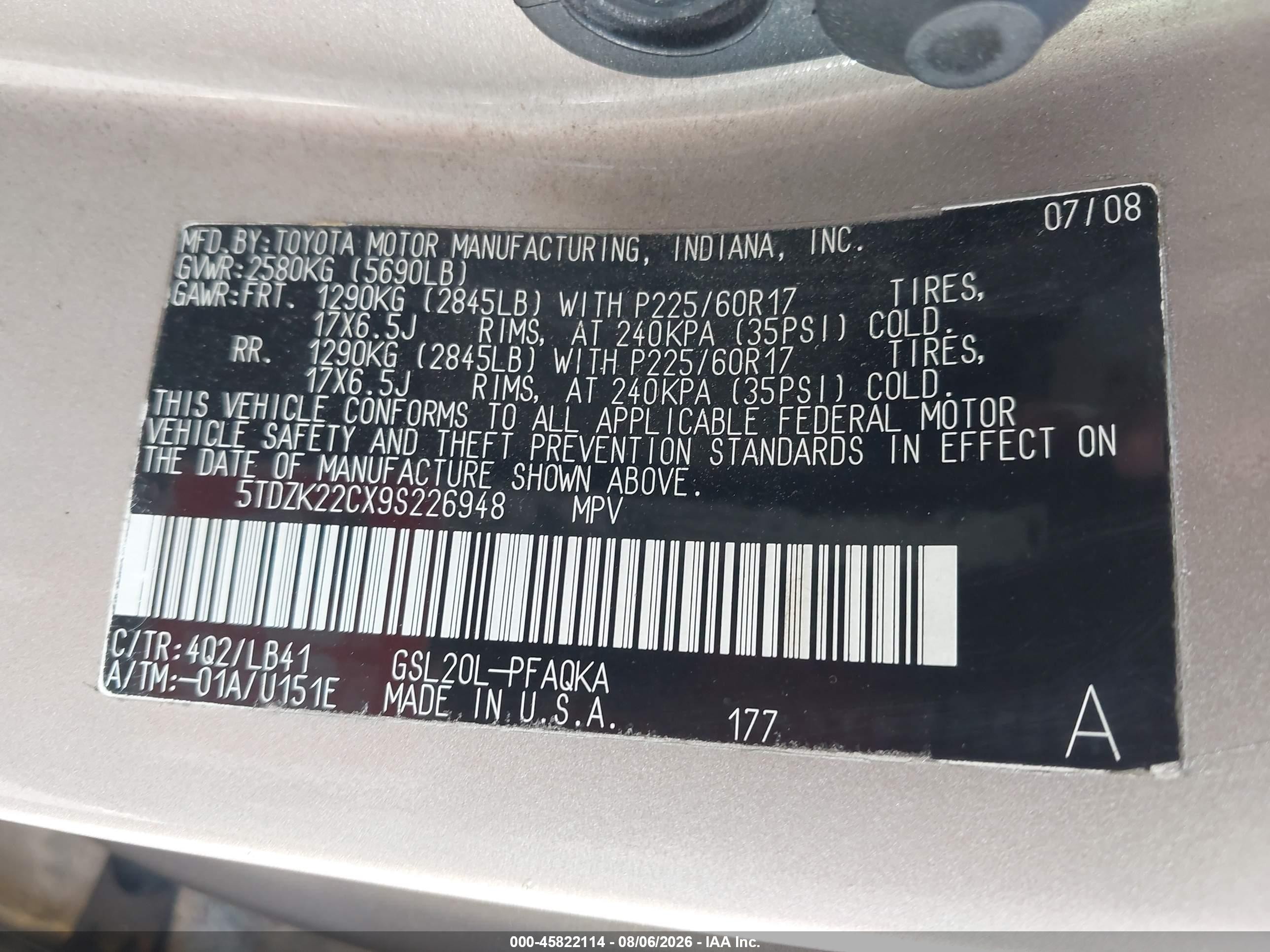 2009 Toyota Sienna Xle Золотой vin: 5TDZK22CX9S226948