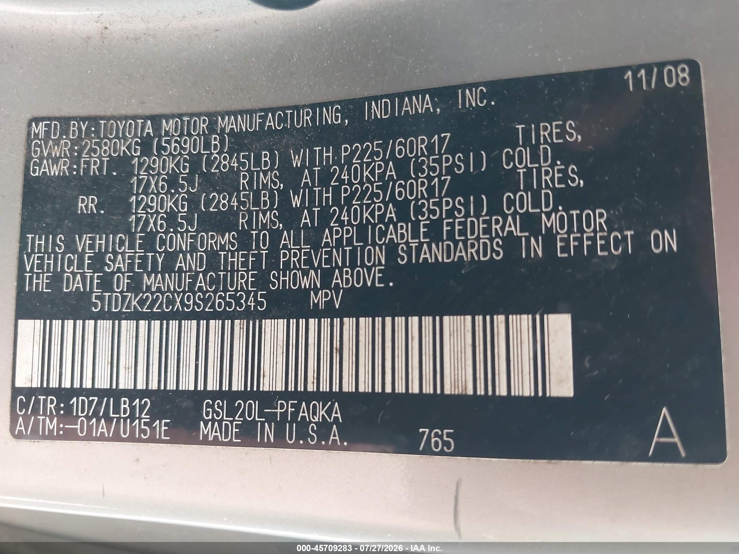 2009 Toyota Sienna Xle Серебряный vin: 5TDZK22CX9S265345