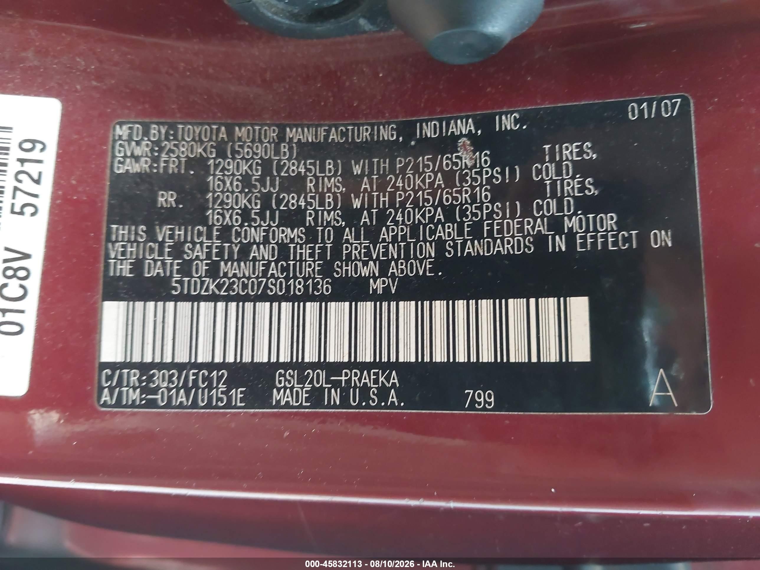 2007 Toyota Sienna Le Red vin: 5TDZK23C07S018136
