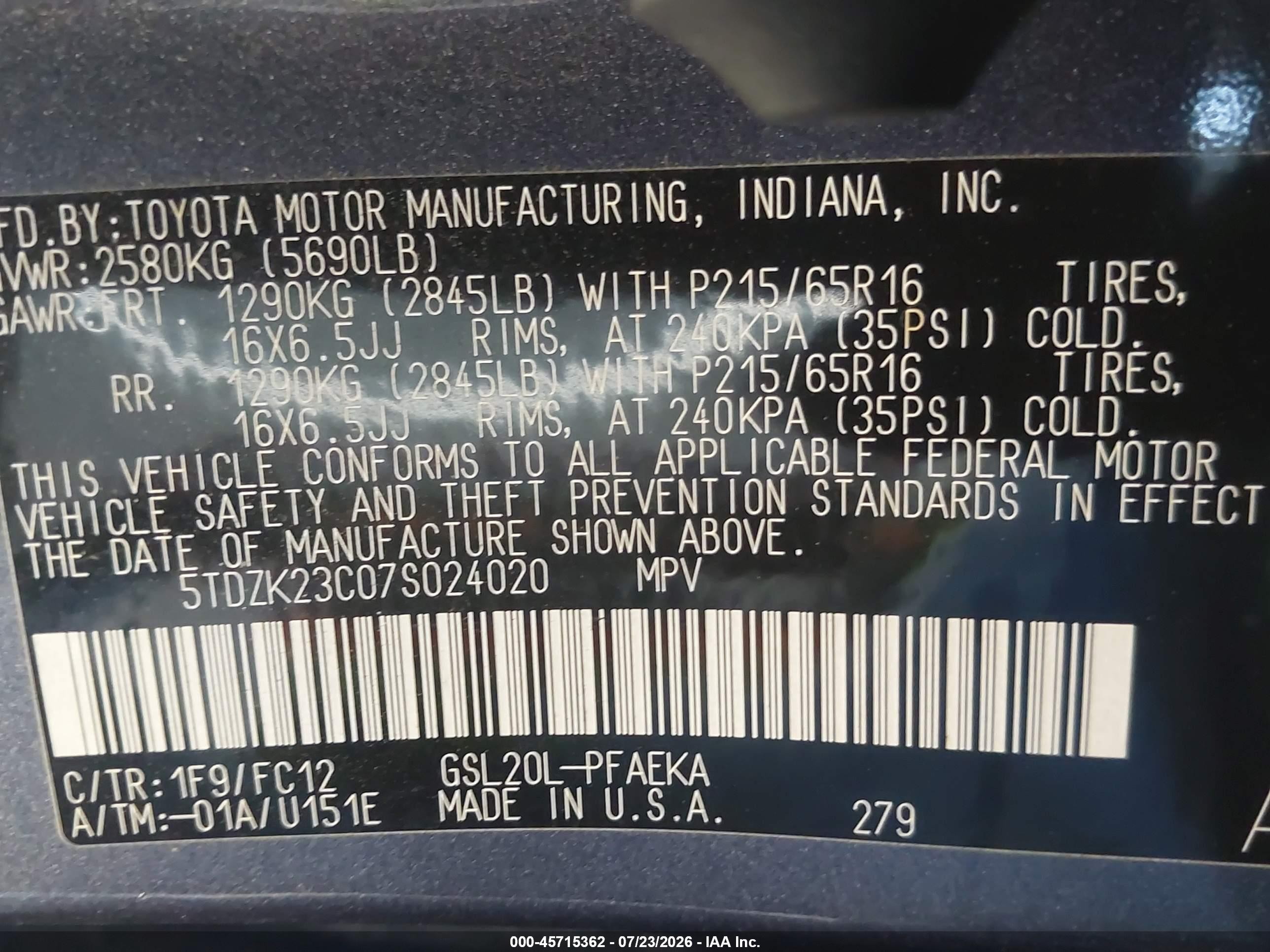 2007 Toyota Sienna Le Gray vin: 5TDZK23C07S024020