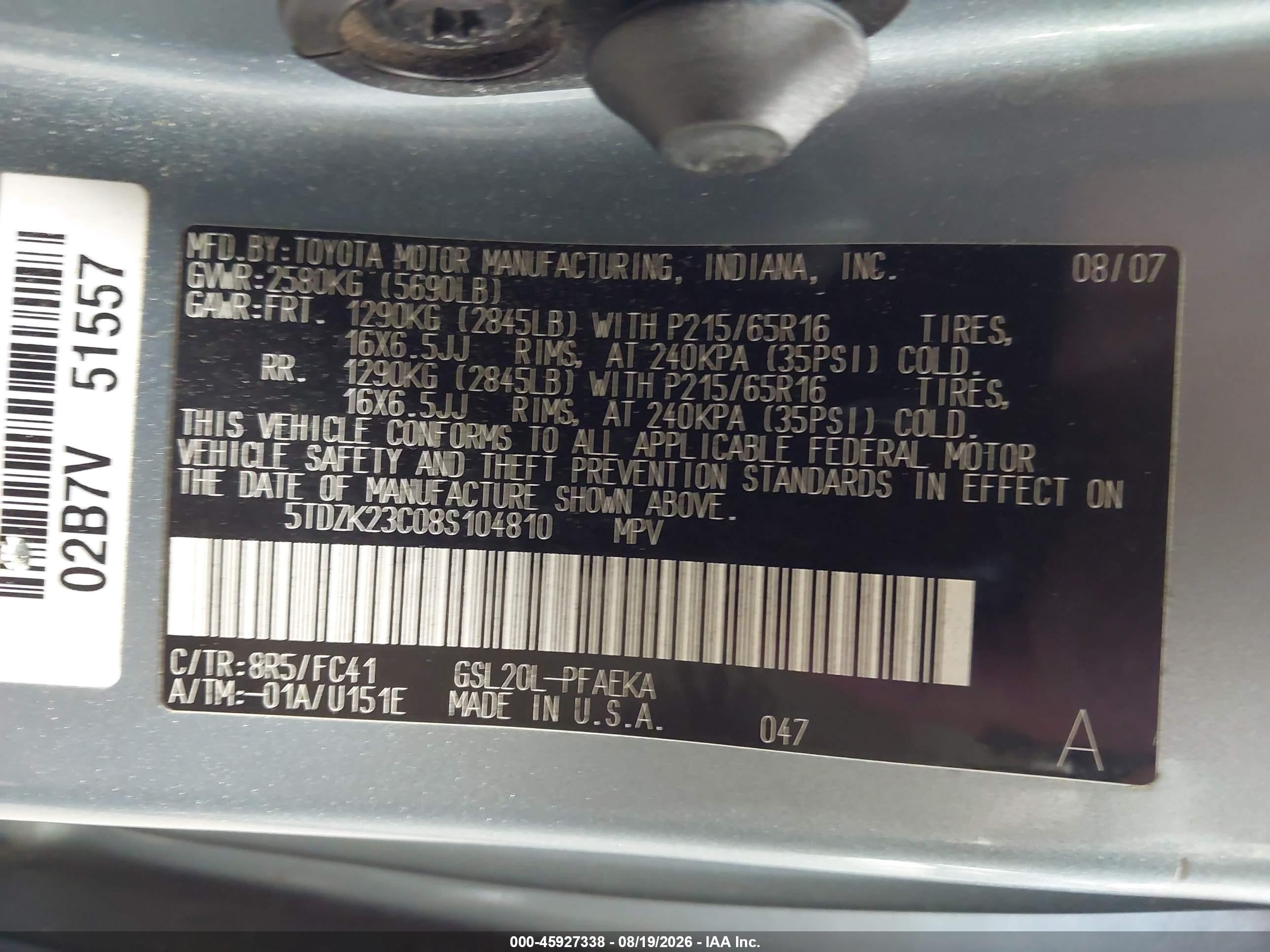 2008 Toyota Sienna Le Blue vin: 5TDZK23C08S104810