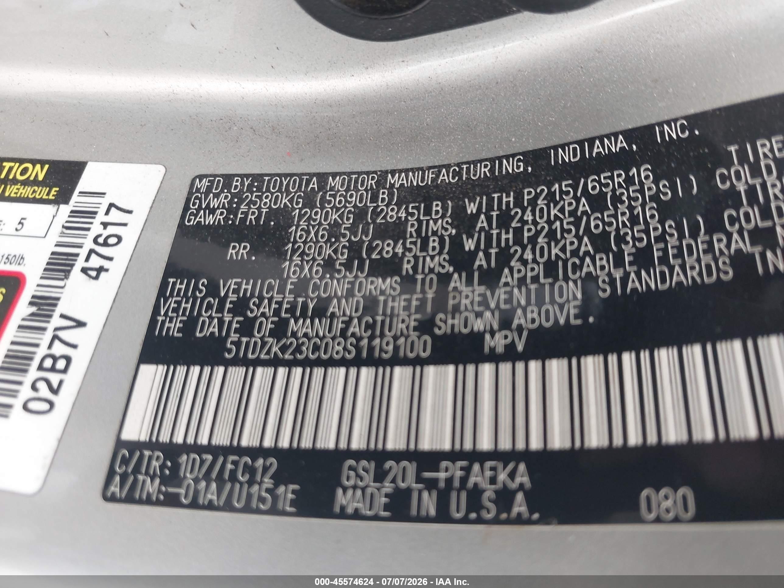 2008 Toyota Sienna Le Gray vin: 5TDZK23C08S119100