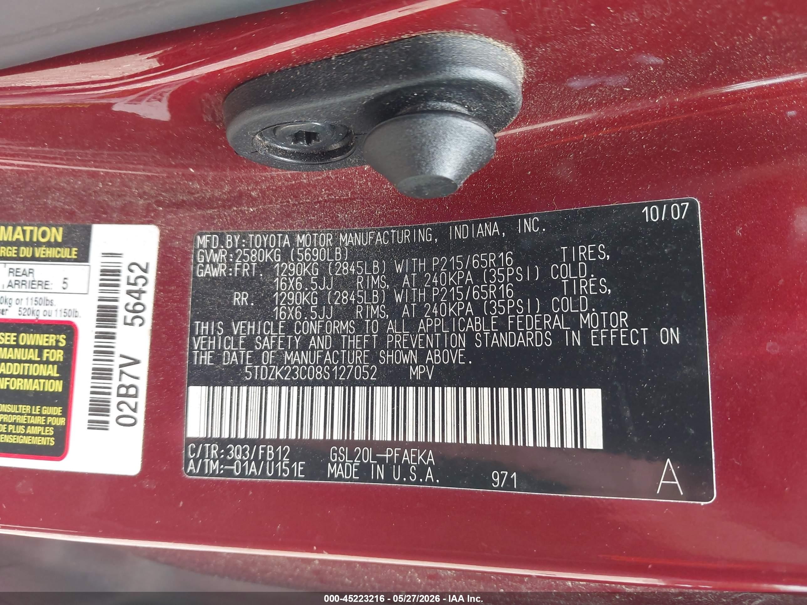 2008 Toyota Sienna Ce Burgundy vin: 5TDZK23C08S127052