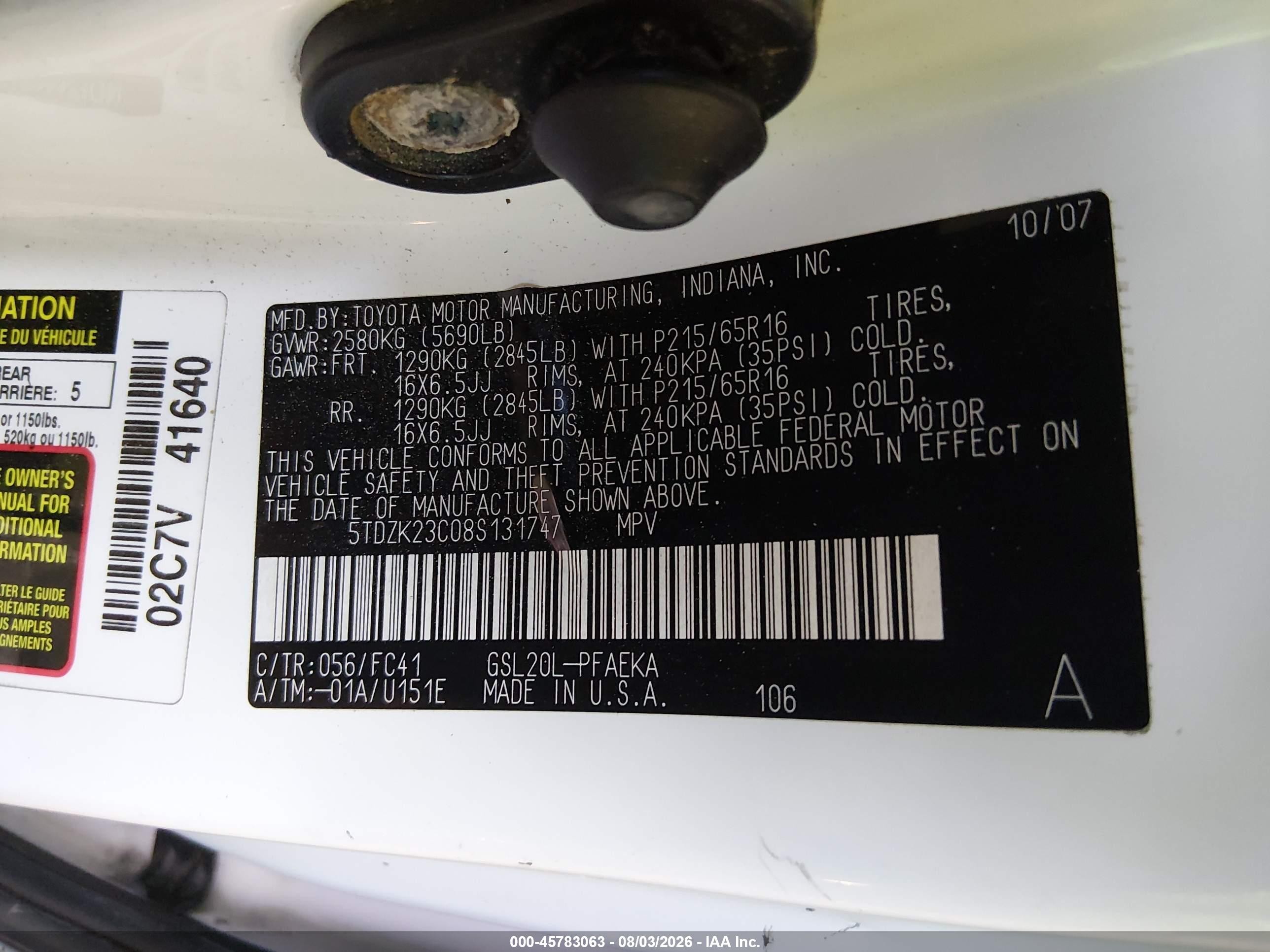 2008 Toyota Sienna Le White vin: 5TDZK23C08S131747