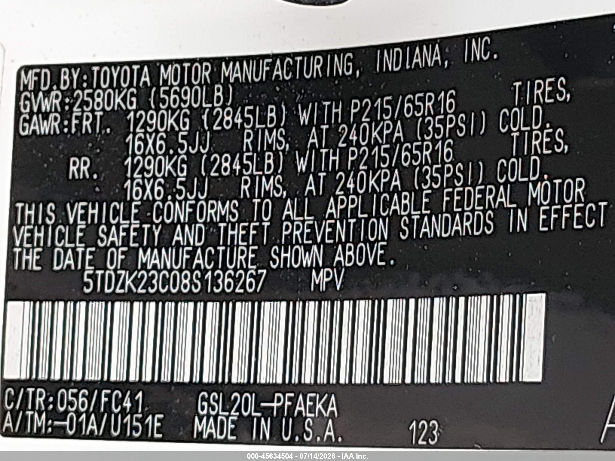 2008 Toyota Sienna Le White vin: 5TDZK23C08S136267
