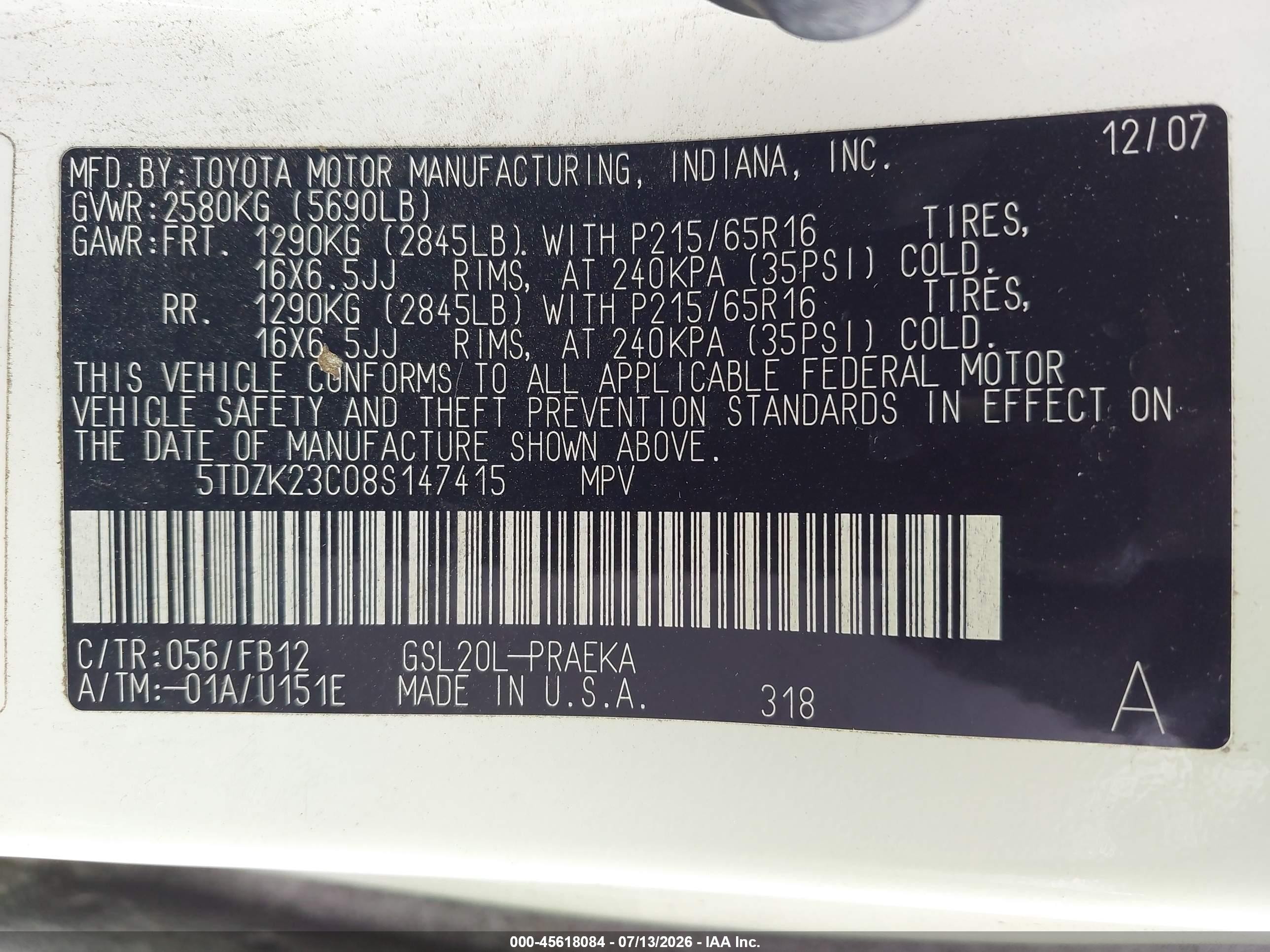 2008 Toyota Sienna Ce White vin: 5TDZK23C08S147415