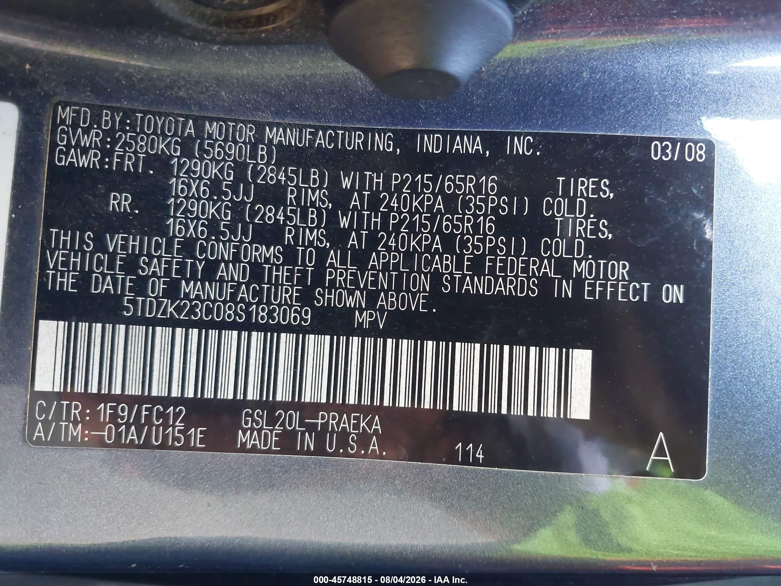2008 Toyota Sienna Le Gray vin: 5TDZK23C08S183069