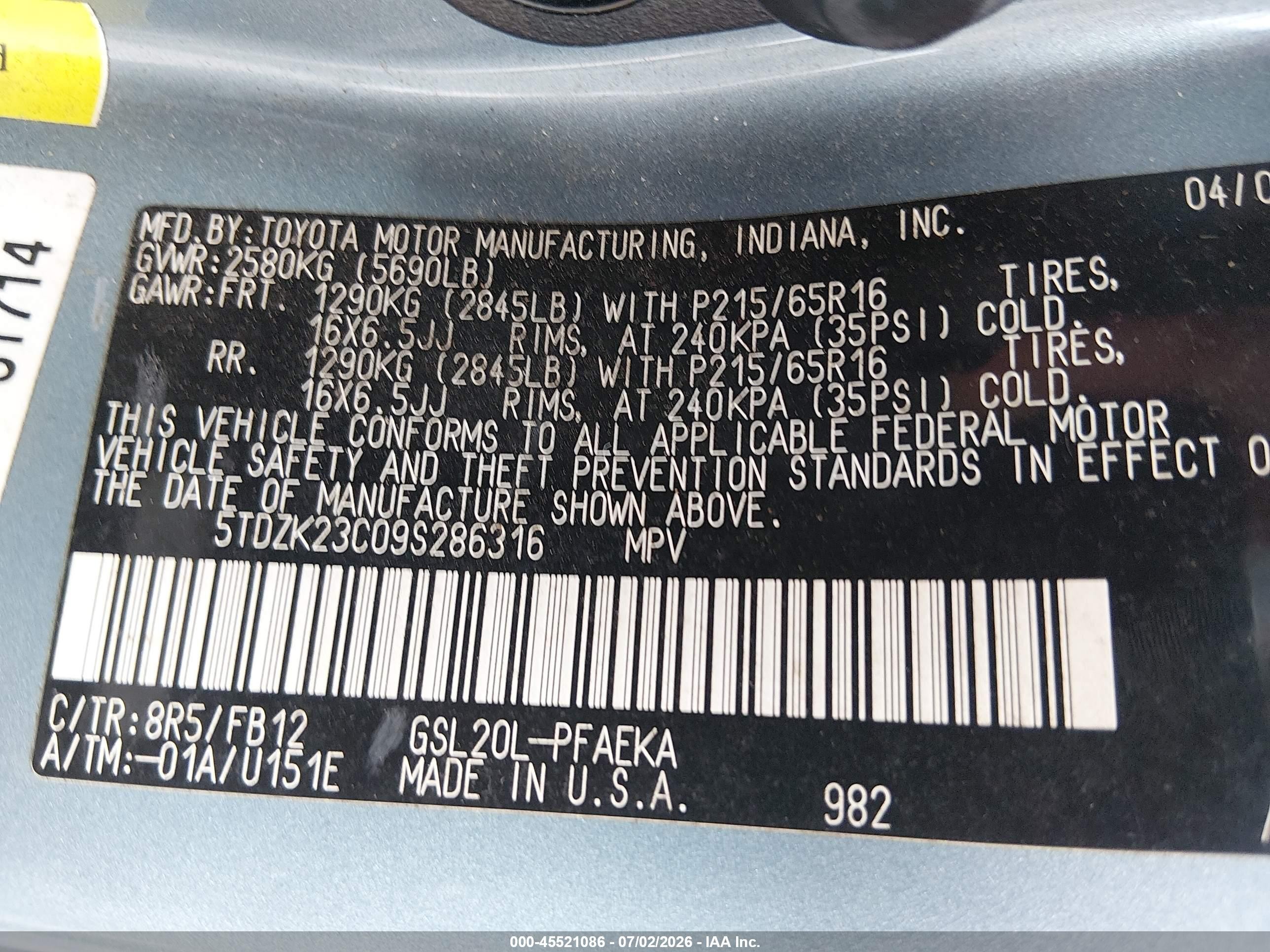 2009 Toyota Sienna Ce Blue vin: 5TDZK23C09S286316