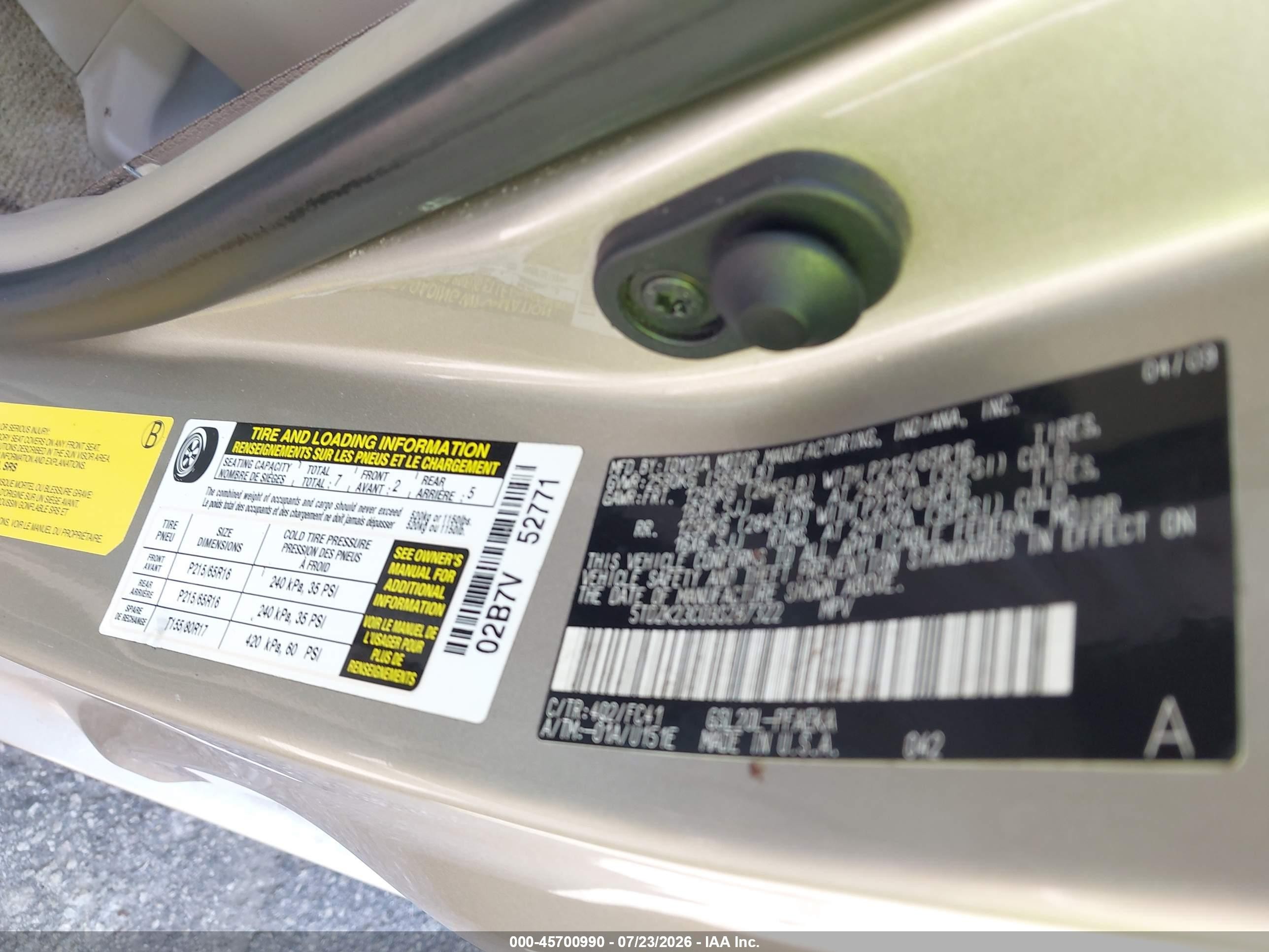 2009 Toyota Sienna Le Бежевый vin: 5TDZK23C09S287322