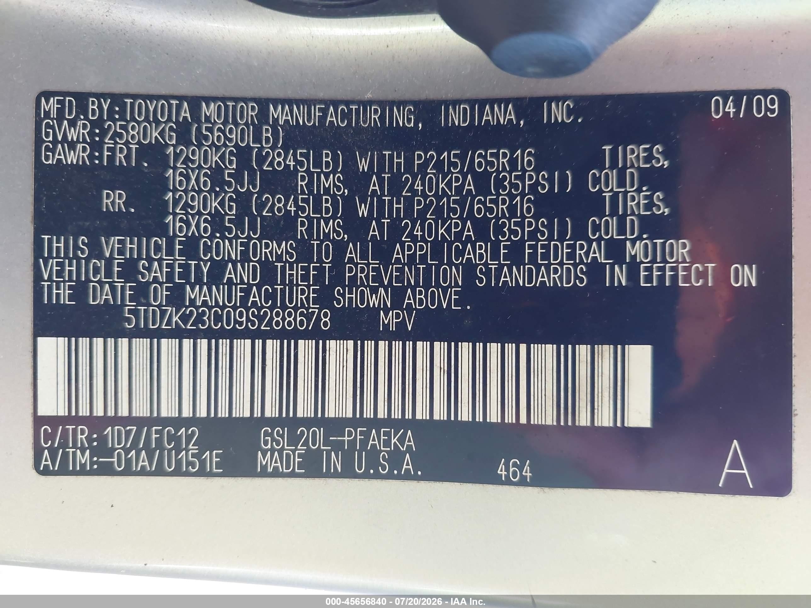 2009 Toyota Sienna Le Gray vin: 5TDZK23C09S288678